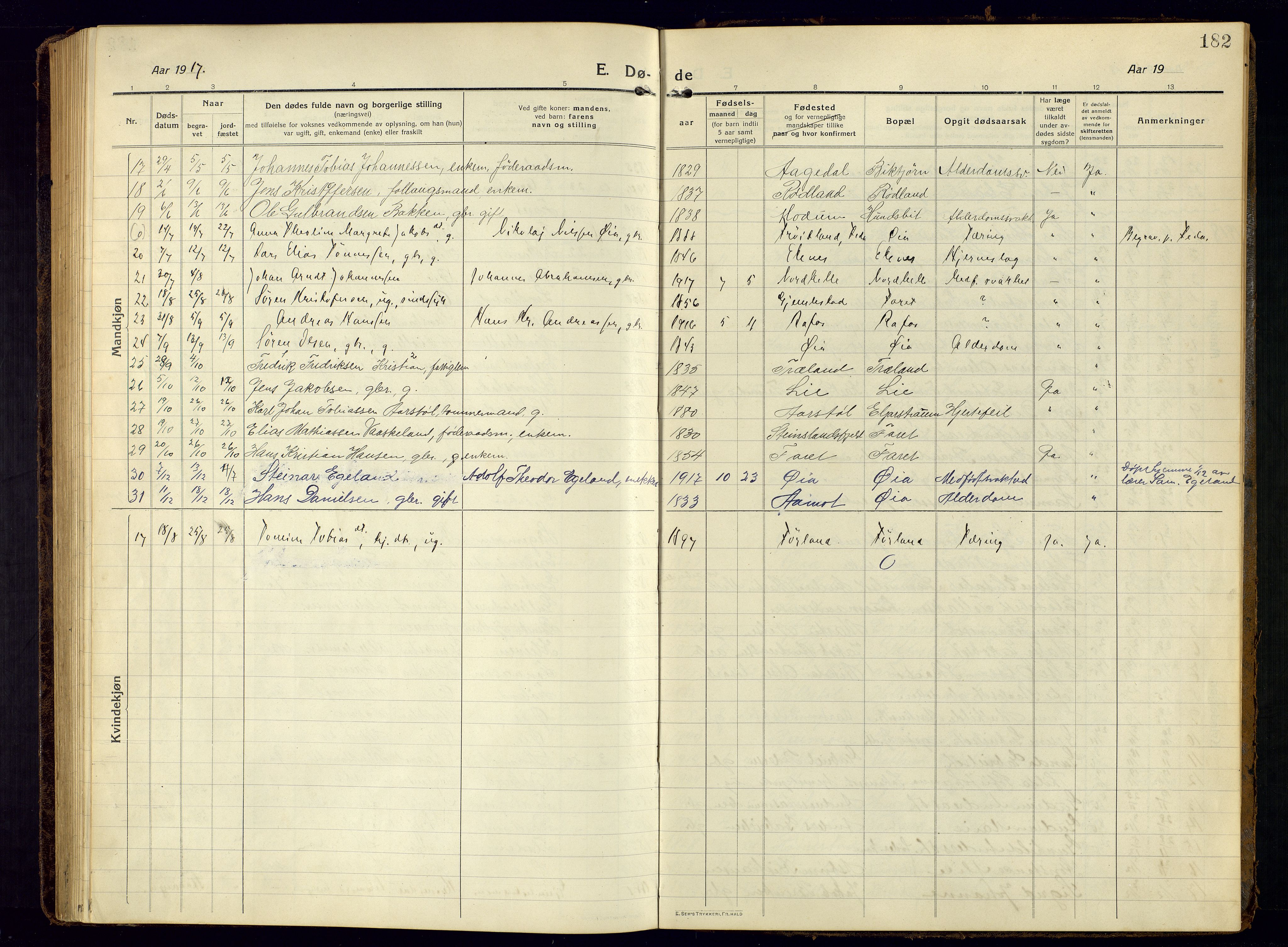 Kvinesdal sokneprestkontor, SAK/1111-0026/F/Fb/Fbb/L0004: Parish register (copy) no. B 4, 1917-1938, p. 182