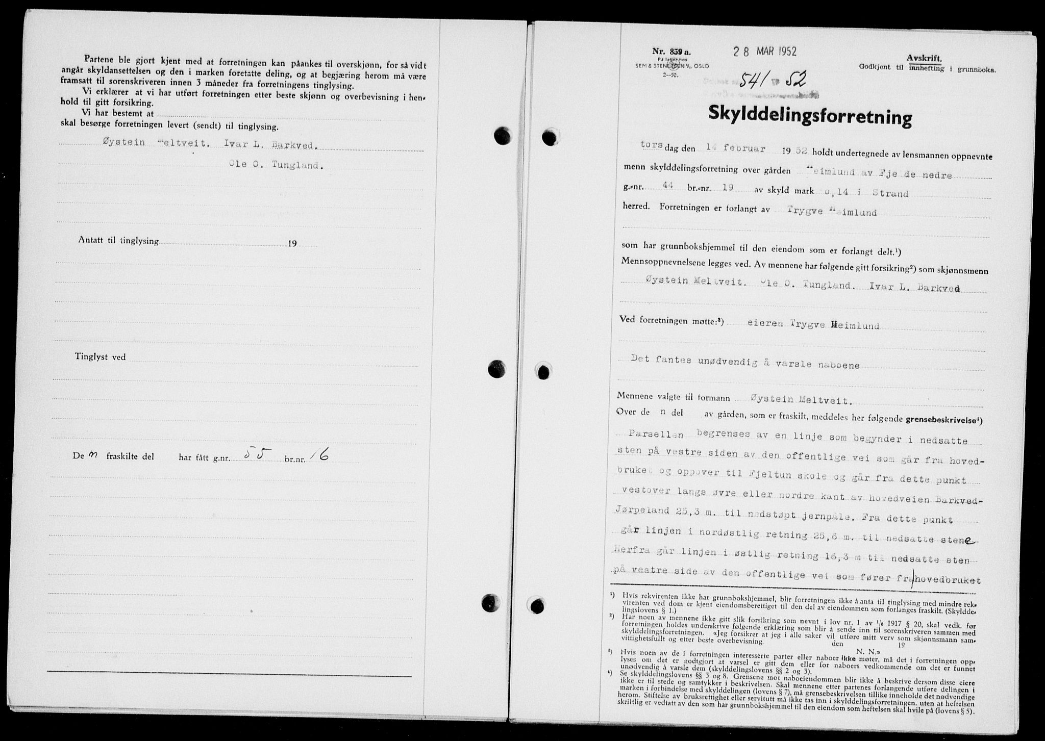Ryfylke tingrett, SAST/A-100055/001/II/IIB/L0116: Mortgage book no. 95, 1951-1952, Diary no: : 541/1952