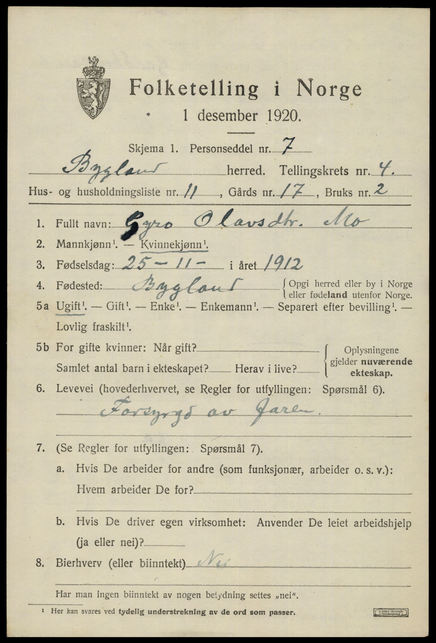 SAK, 1920 census for Bygland, 1920, p. 1851