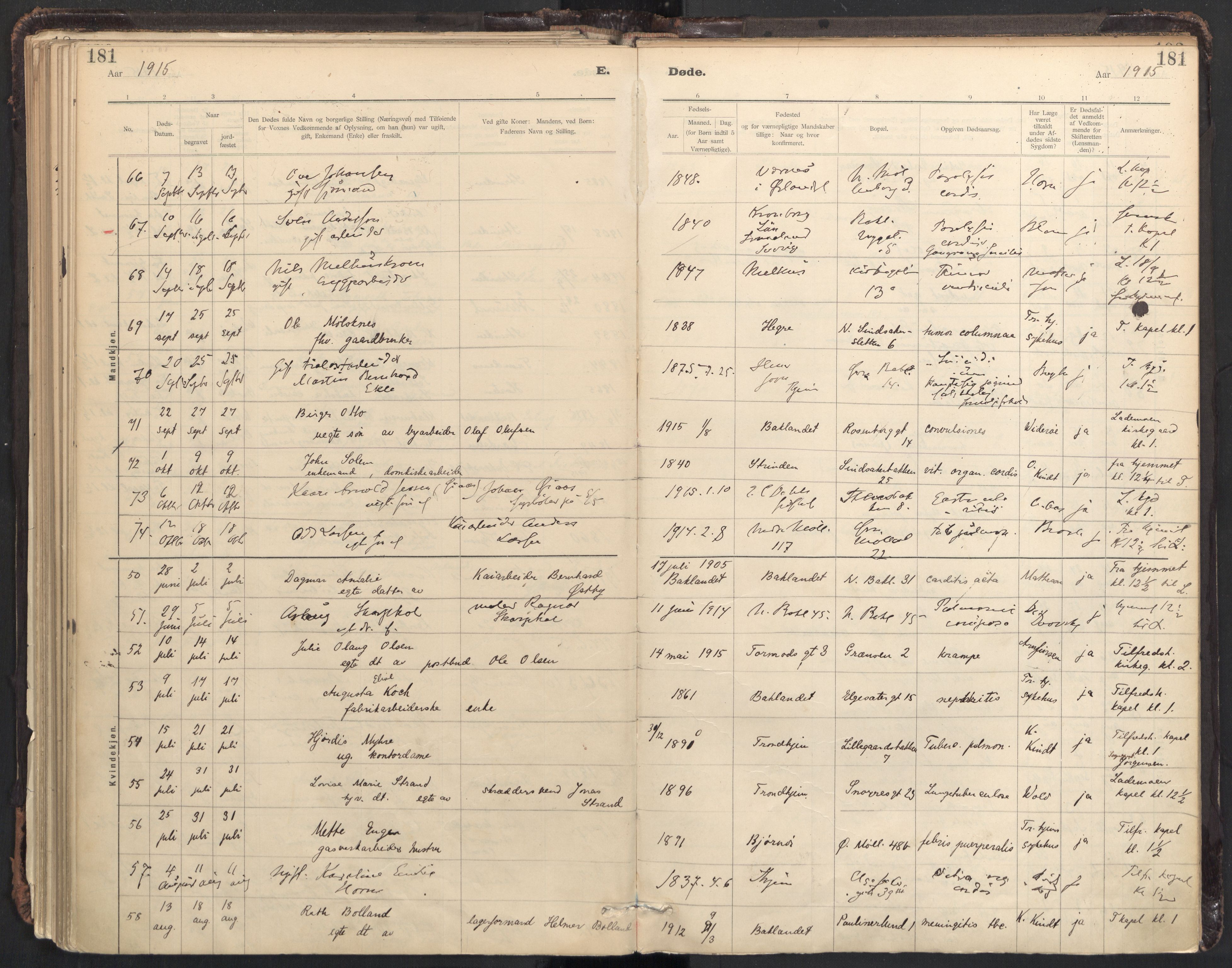 Ministerialprotokoller, klokkerbøker og fødselsregistre - Sør-Trøndelag, SAT/A-1456/604/L0204: Parish register (official) no. 604A24, 1911-1920, p. 181