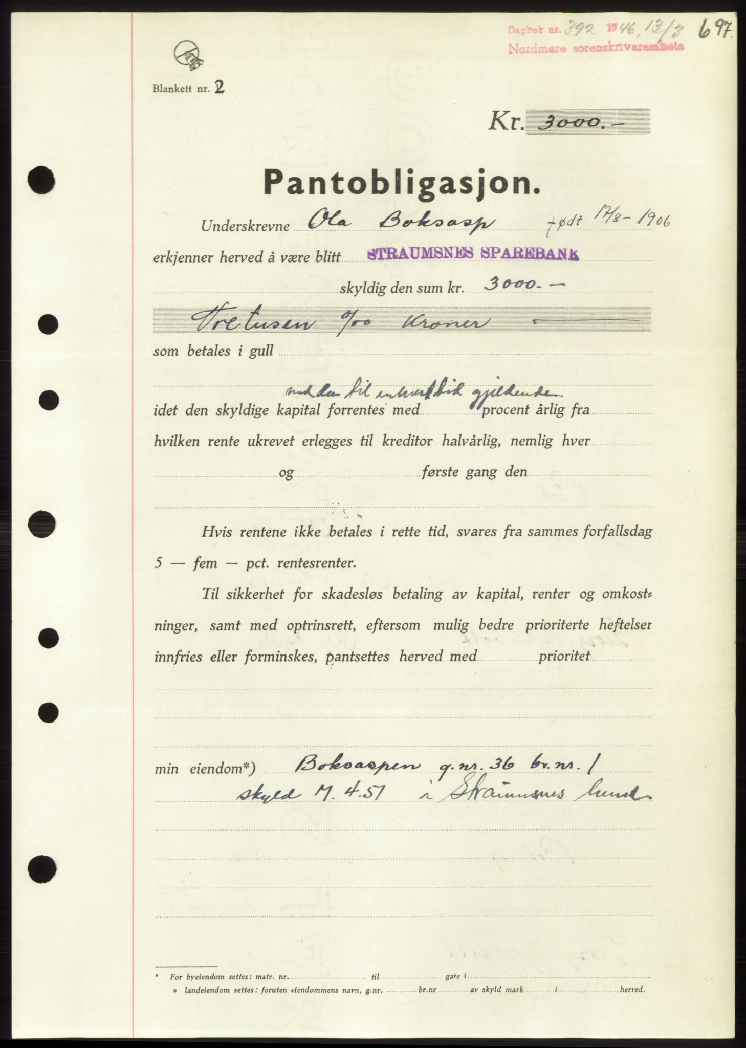 Nordmøre sorenskriveri, AV/SAT-A-4132/1/2/2Ca: Mortgage book no. B93b, 1946-1946, Diary no: : 392/1946