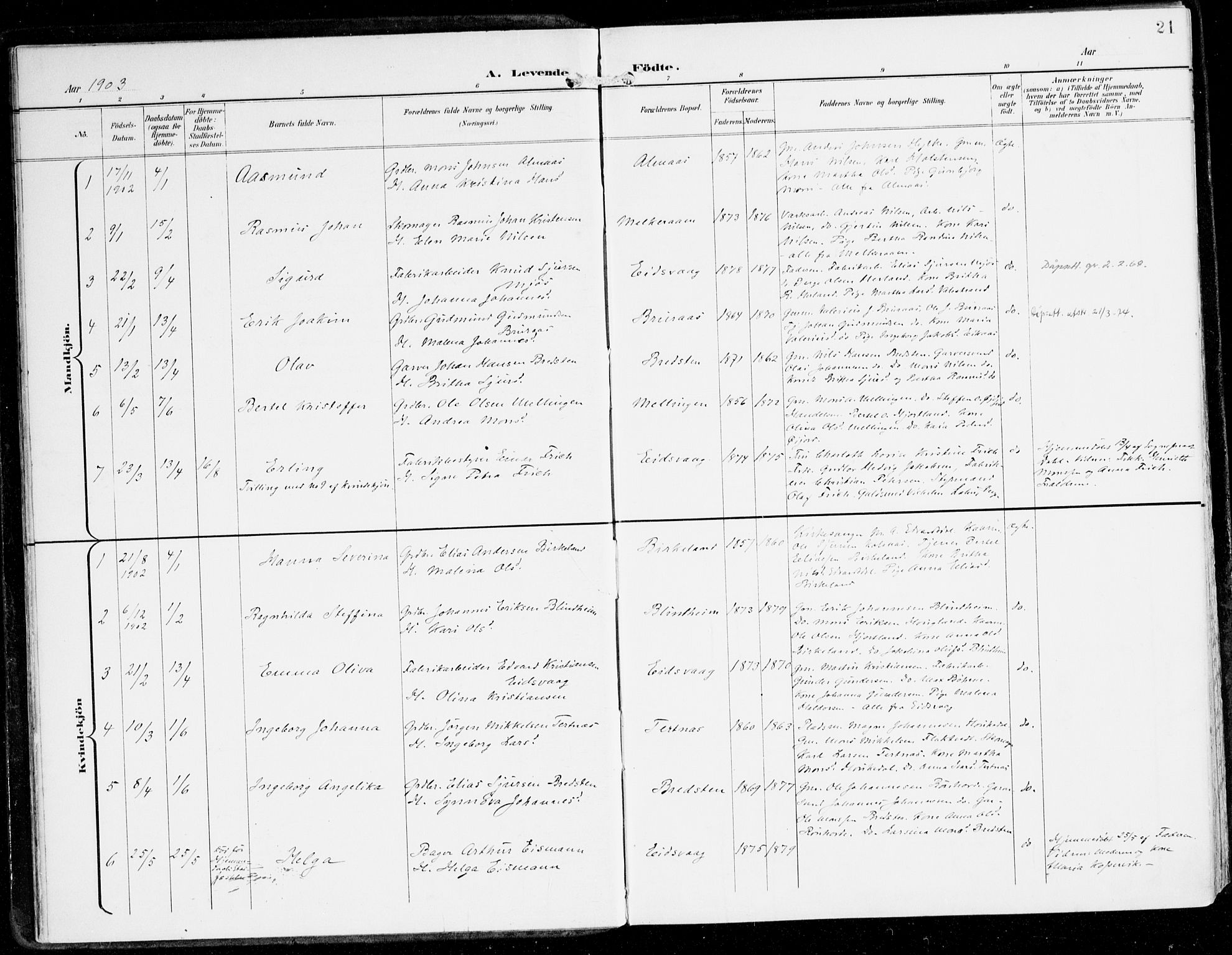 Hamre sokneprestembete, SAB/A-75501/H/Ha/Haa/Haad/L0002: Parish register (official) no. D 2, 1899-1916, p. 21