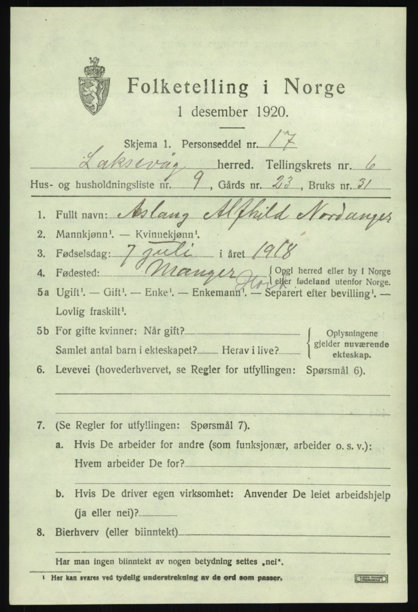 SAB, 1920 census for Laksevåg, 1920, p. 17280