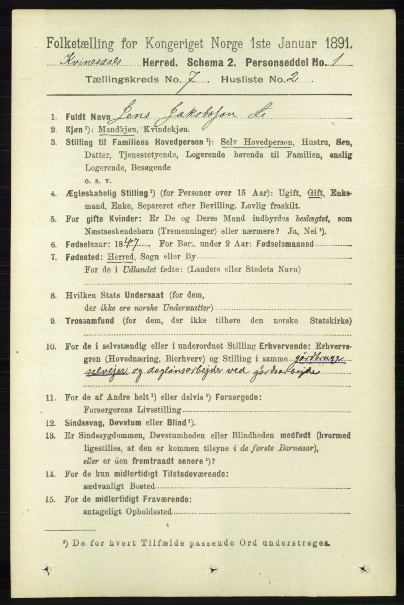 RA, 1891 census for 1037 Kvinesdal, 1891, p. 2428