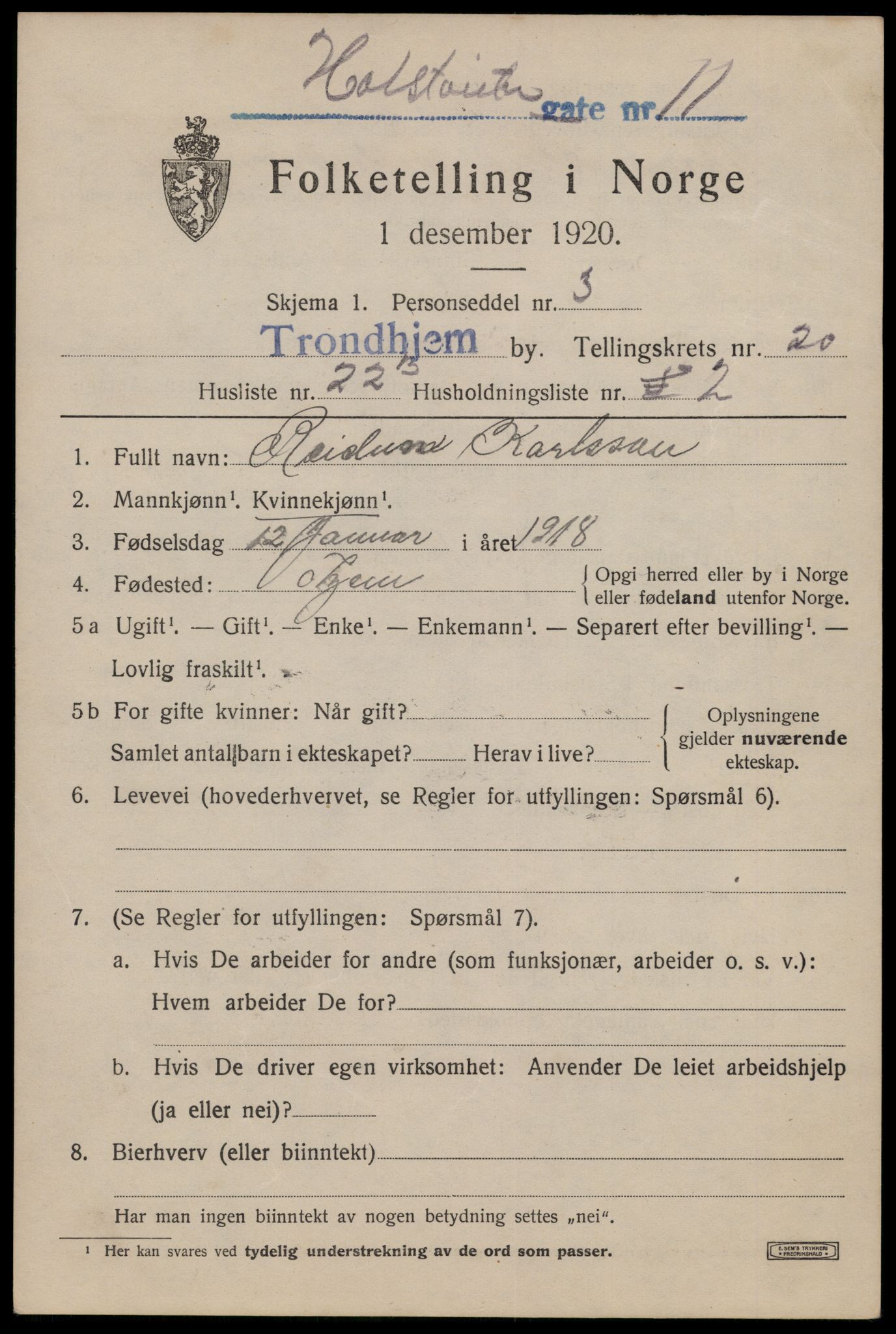 SAT, 1920 census for Trondheim, 1920, p. 60126