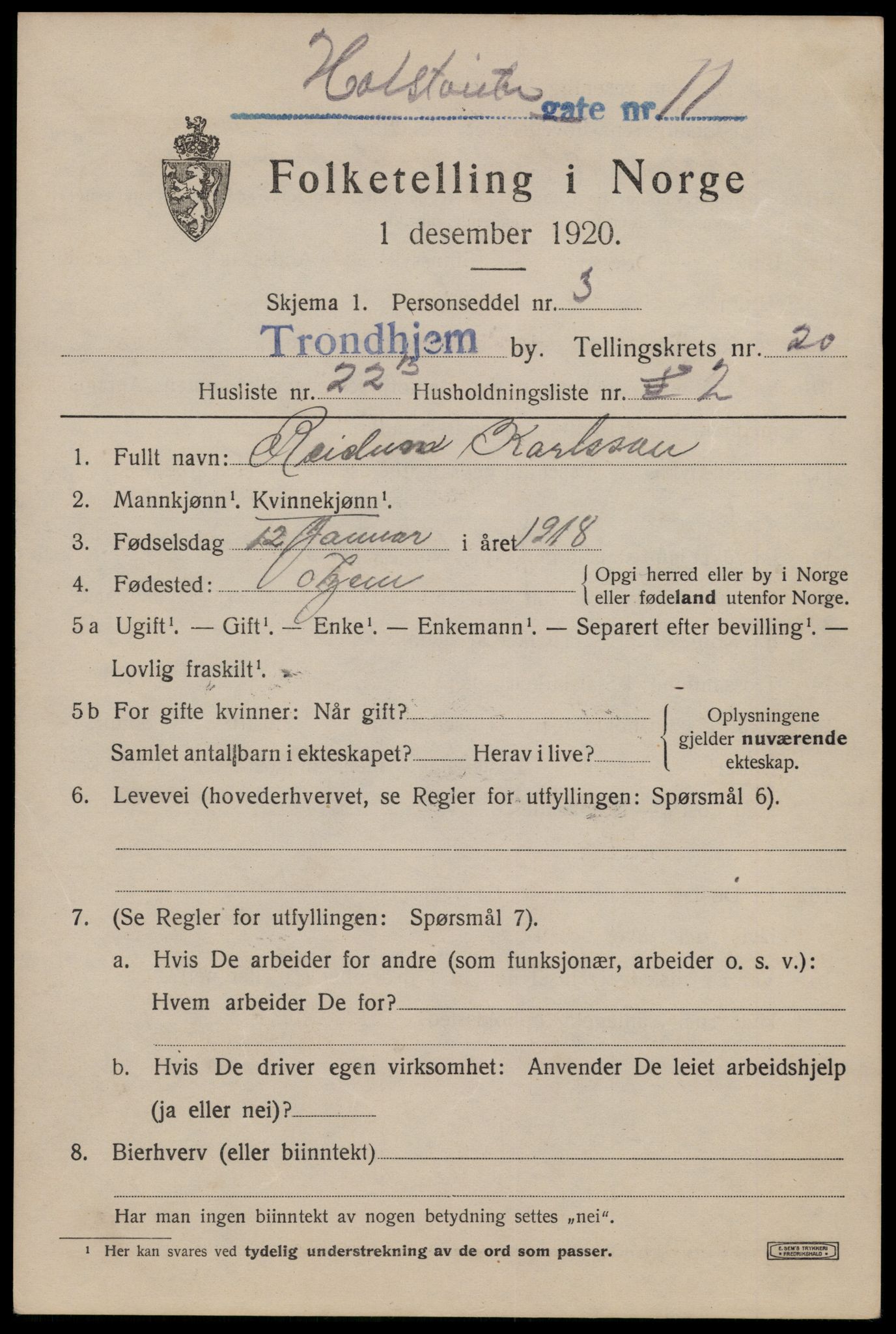 SAT, 1920 census for Trondheim, 1920, p. 60126