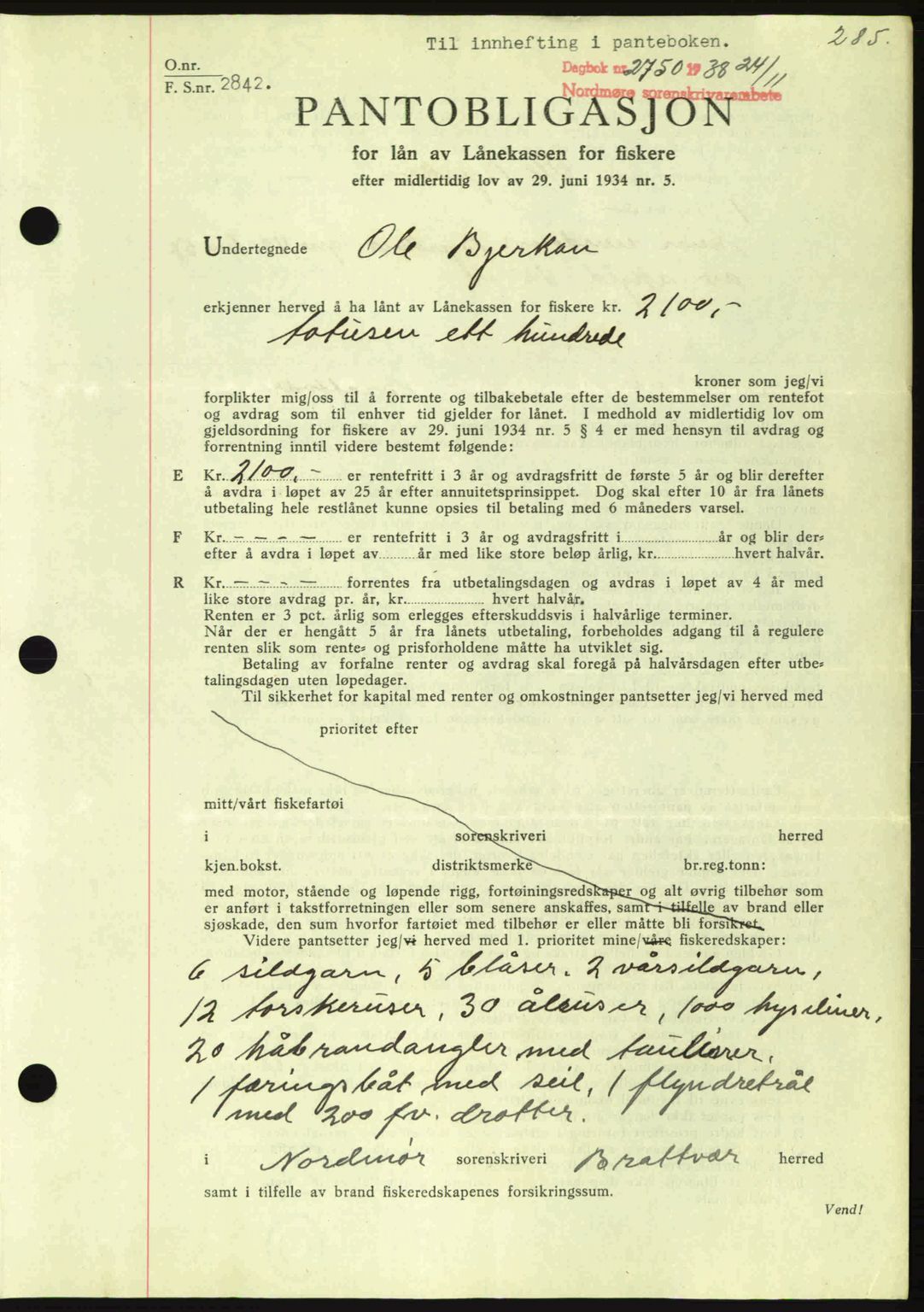 Nordmøre sorenskriveri, SAT/A-4132/1/2/2Ca: Mortgage book no. B84, 1938-1939, Diary no: : 2750/1938