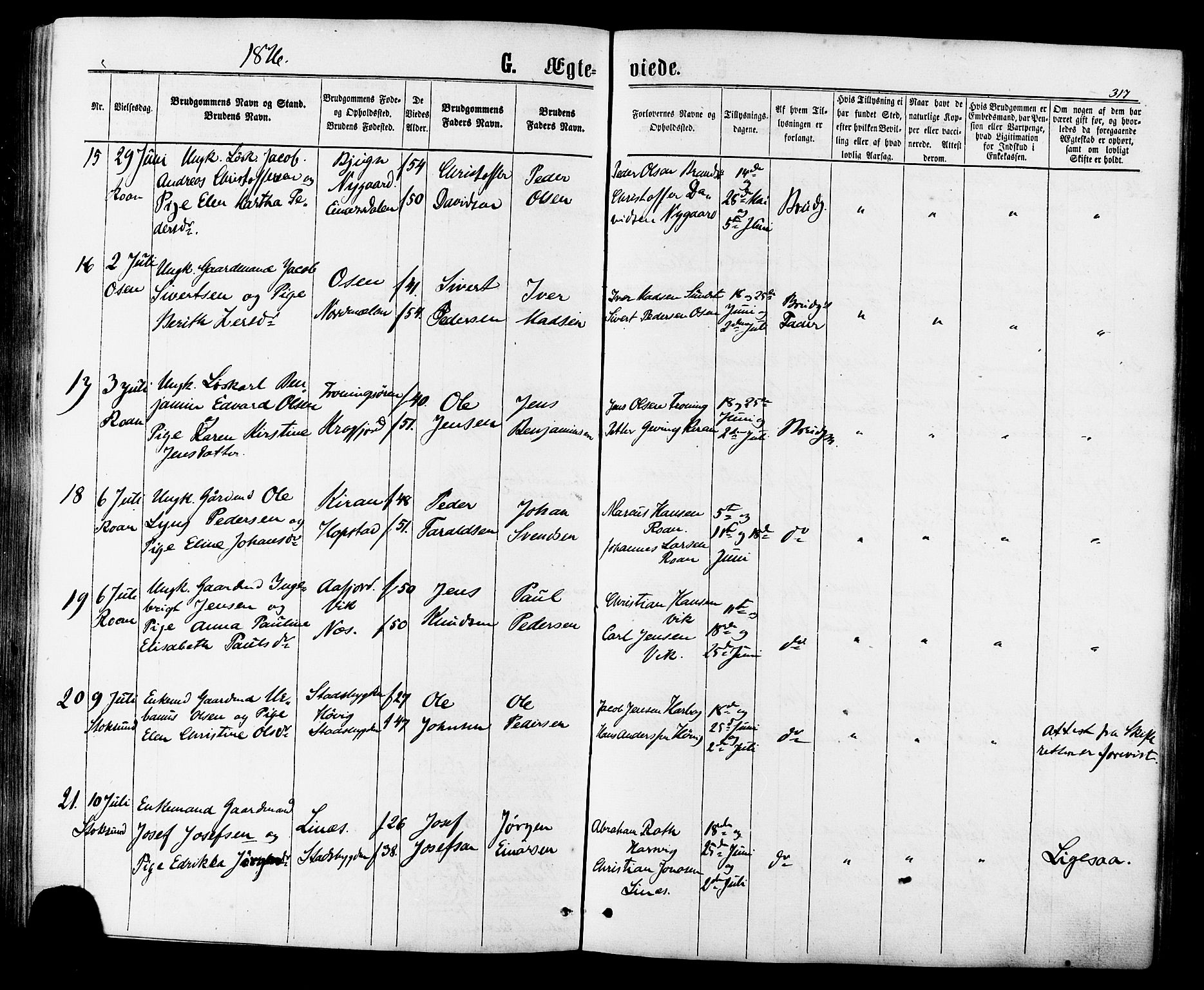 Ministerialprotokoller, klokkerbøker og fødselsregistre - Sør-Trøndelag, AV/SAT-A-1456/657/L0706: Parish register (official) no. 657A07, 1867-1878, p. 317