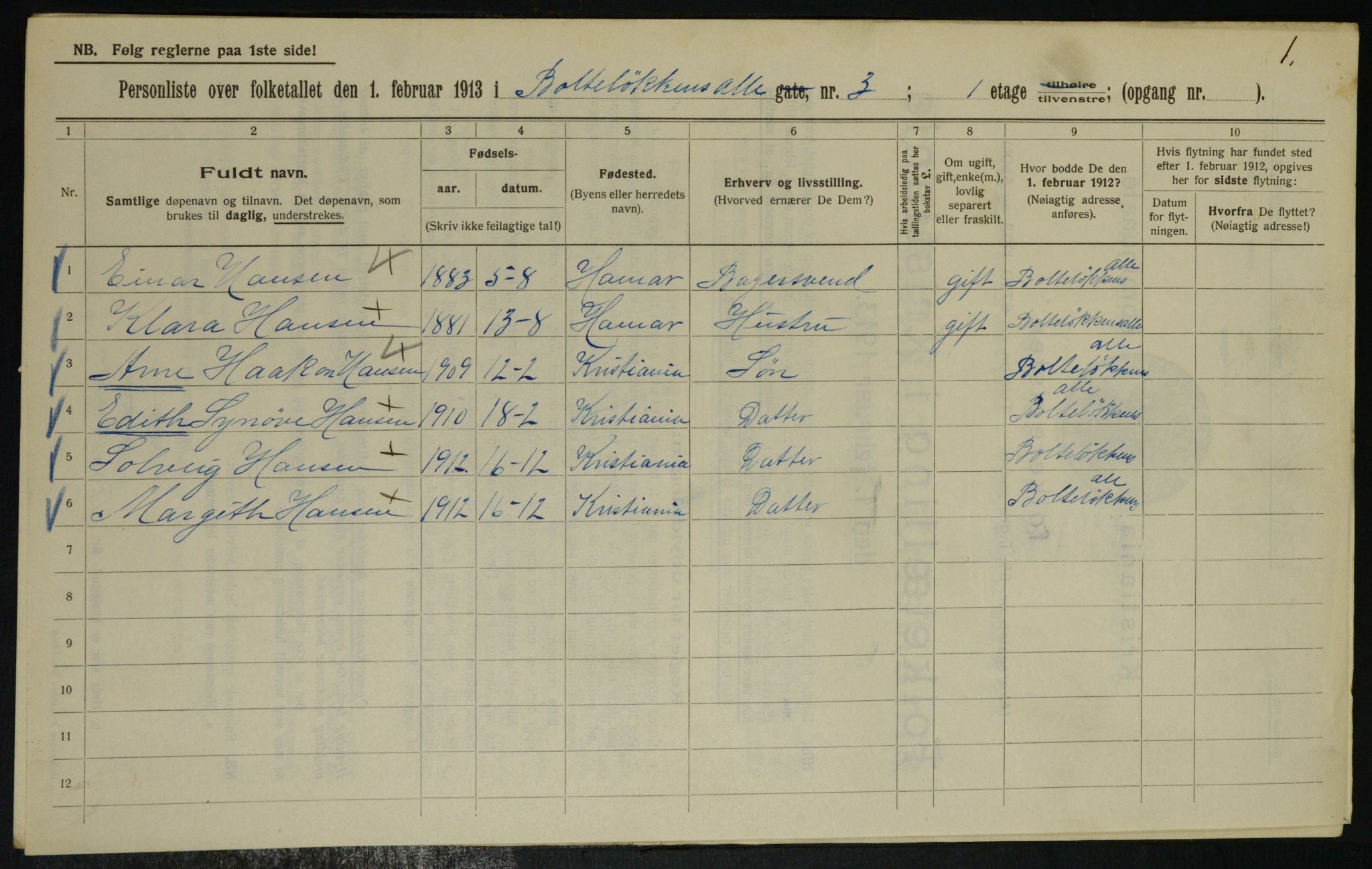 OBA, Municipal Census 1913 for Kristiania, 1913, p. 7503