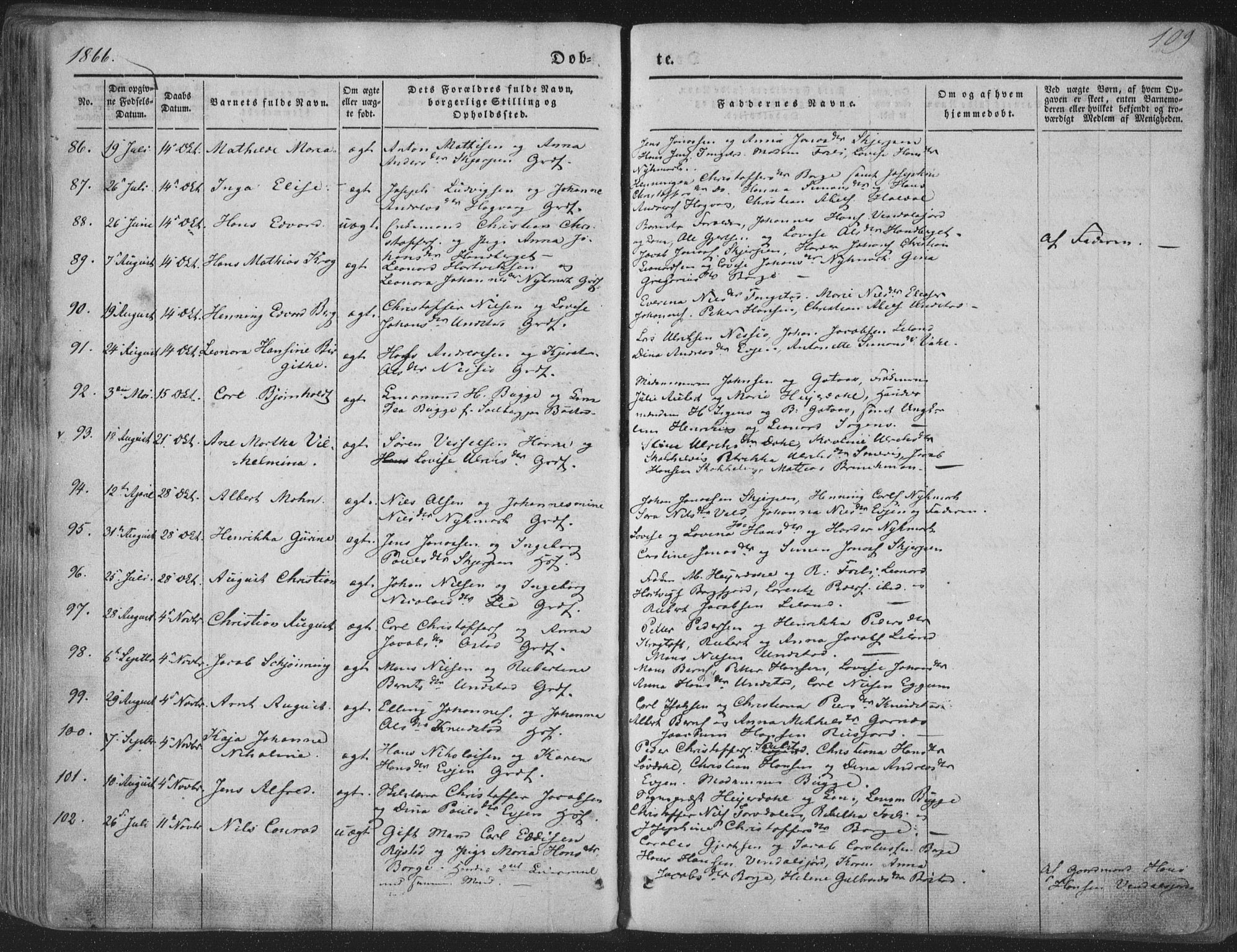 Ministerialprotokoller, klokkerbøker og fødselsregistre - Nordland, AV/SAT-A-1459/880/L1131: Parish register (official) no. 880A05, 1844-1868, p. 109