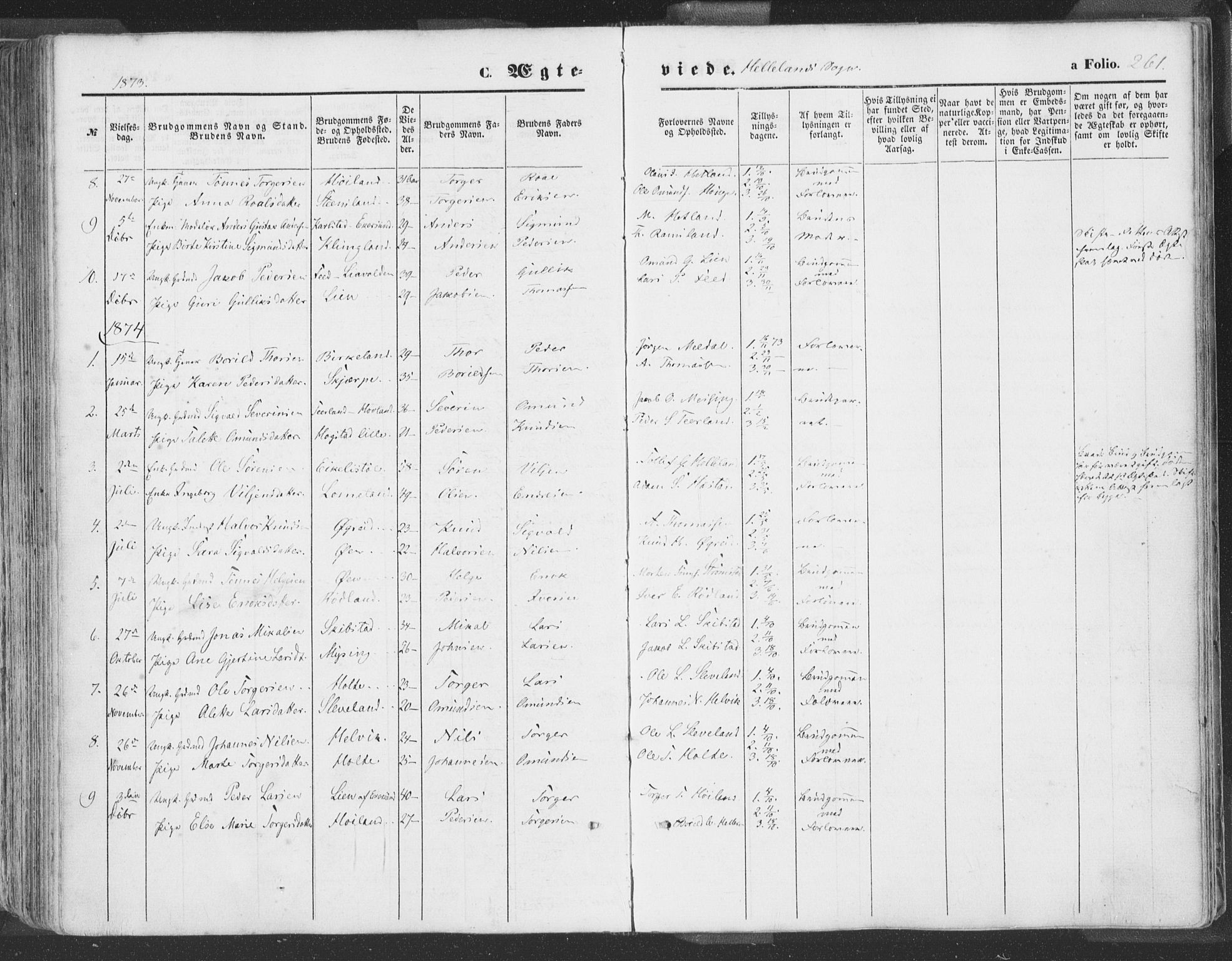 Helleland sokneprestkontor, AV/SAST-A-101810: Parish register (official) no. A 7.1, 1863-1886, p. 261