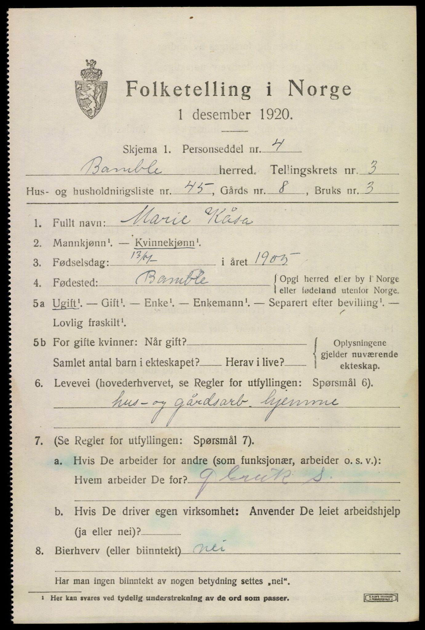 SAKO, 1920 census for Bamble, 1920, p. 4289