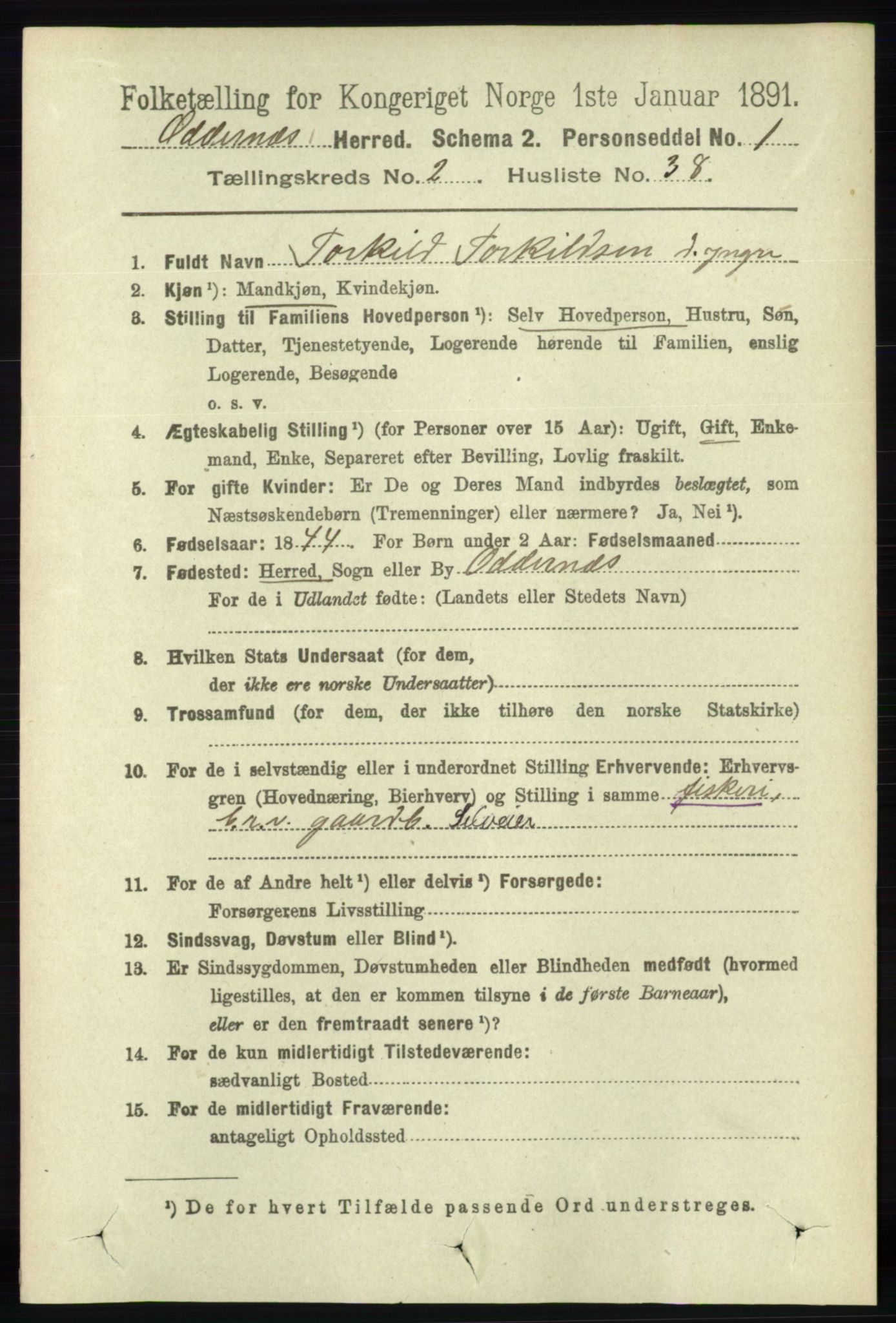 RA, 1891 census for 1012 Oddernes, 1891, p. 743