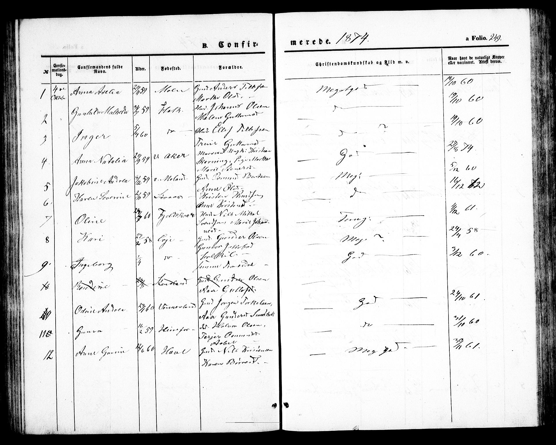 Birkenes sokneprestkontor, SAK/1111-0004/F/Fb/L0002: Parish register (copy) no. B 2, 1849-1876, p. 249