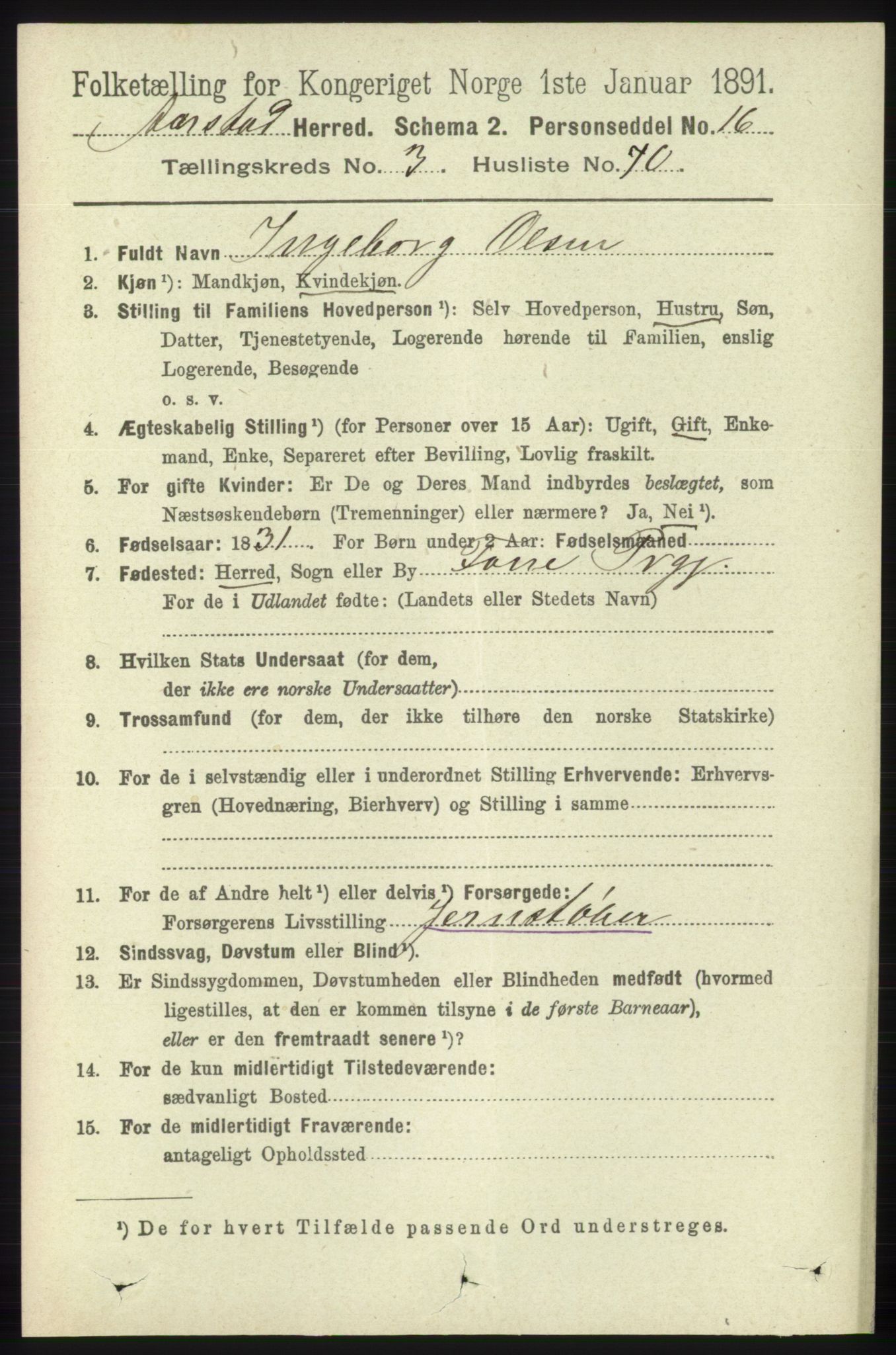 SAB, 1891 Census for 1280 Årstad, 1891, p. 2865