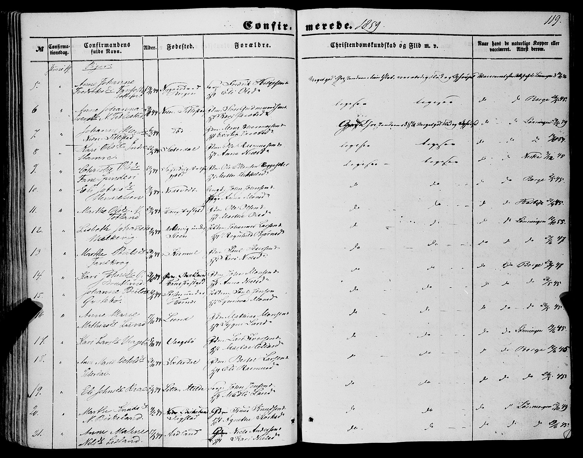 Fana Sokneprestembete, AV/SAB-A-75101/H/Haa/Haaa/L0011: Parish register (official) no. A 11, 1851-1862, p. 119