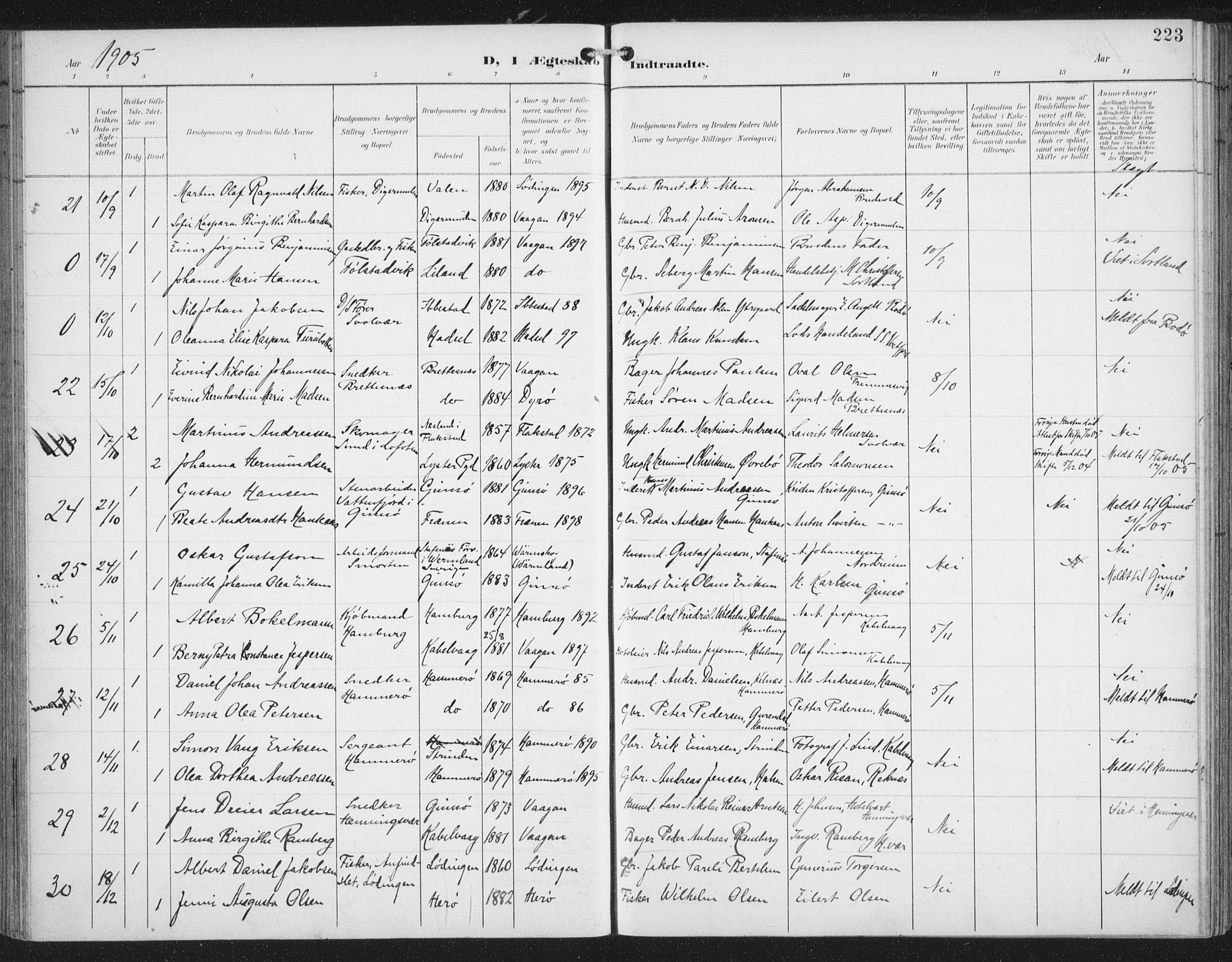 Ministerialprotokoller, klokkerbøker og fødselsregistre - Nordland, AV/SAT-A-1459/874/L1062: Parish register (official) no. 874A06, 1899-1907, p. 223