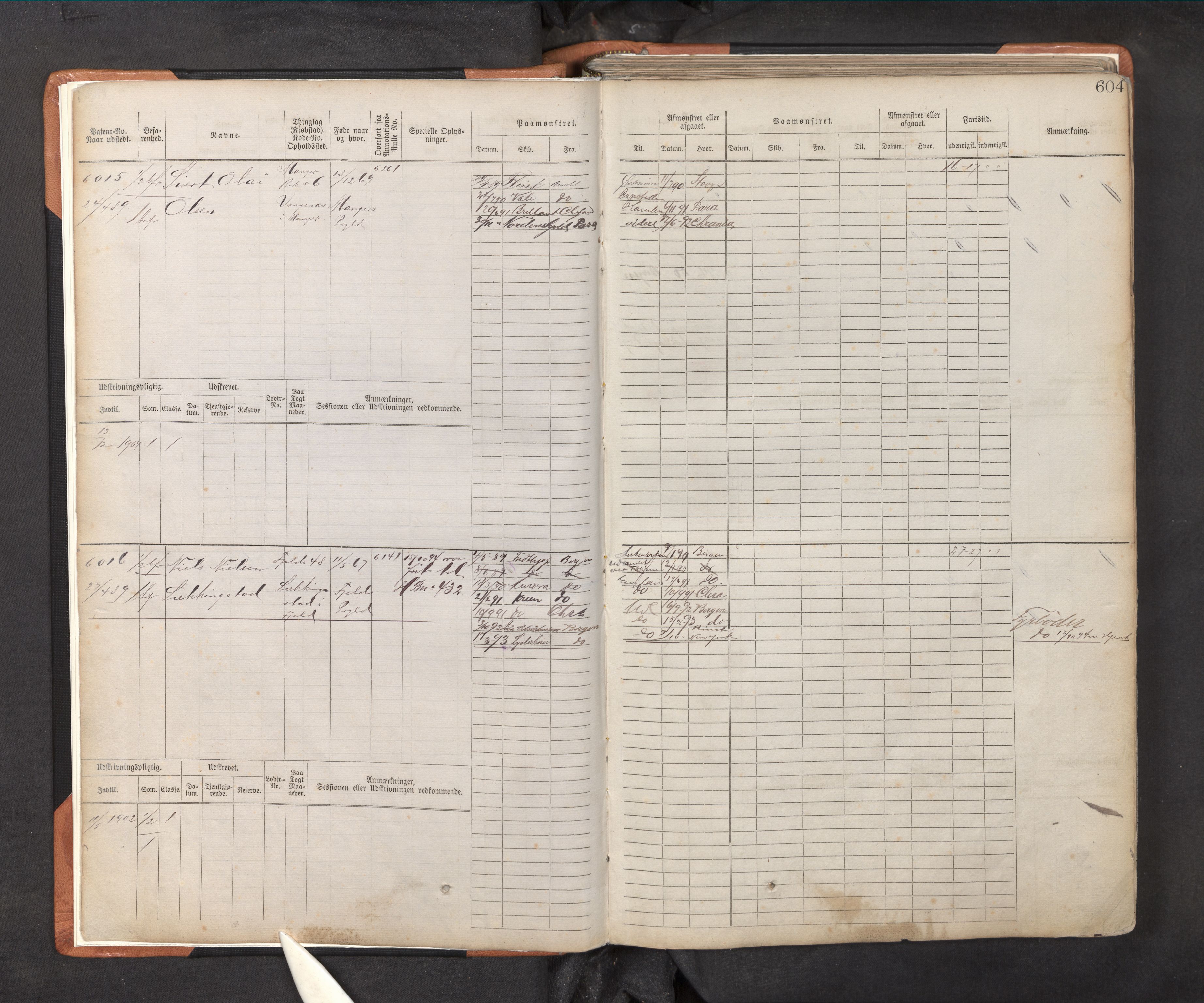 Innrulleringssjefen i Bergen, AV/SAB-A-100050/F/Fc/L0010: Sjøfartshovedrulle, nr. 6011 - 6610, 1889-1895, p. 604