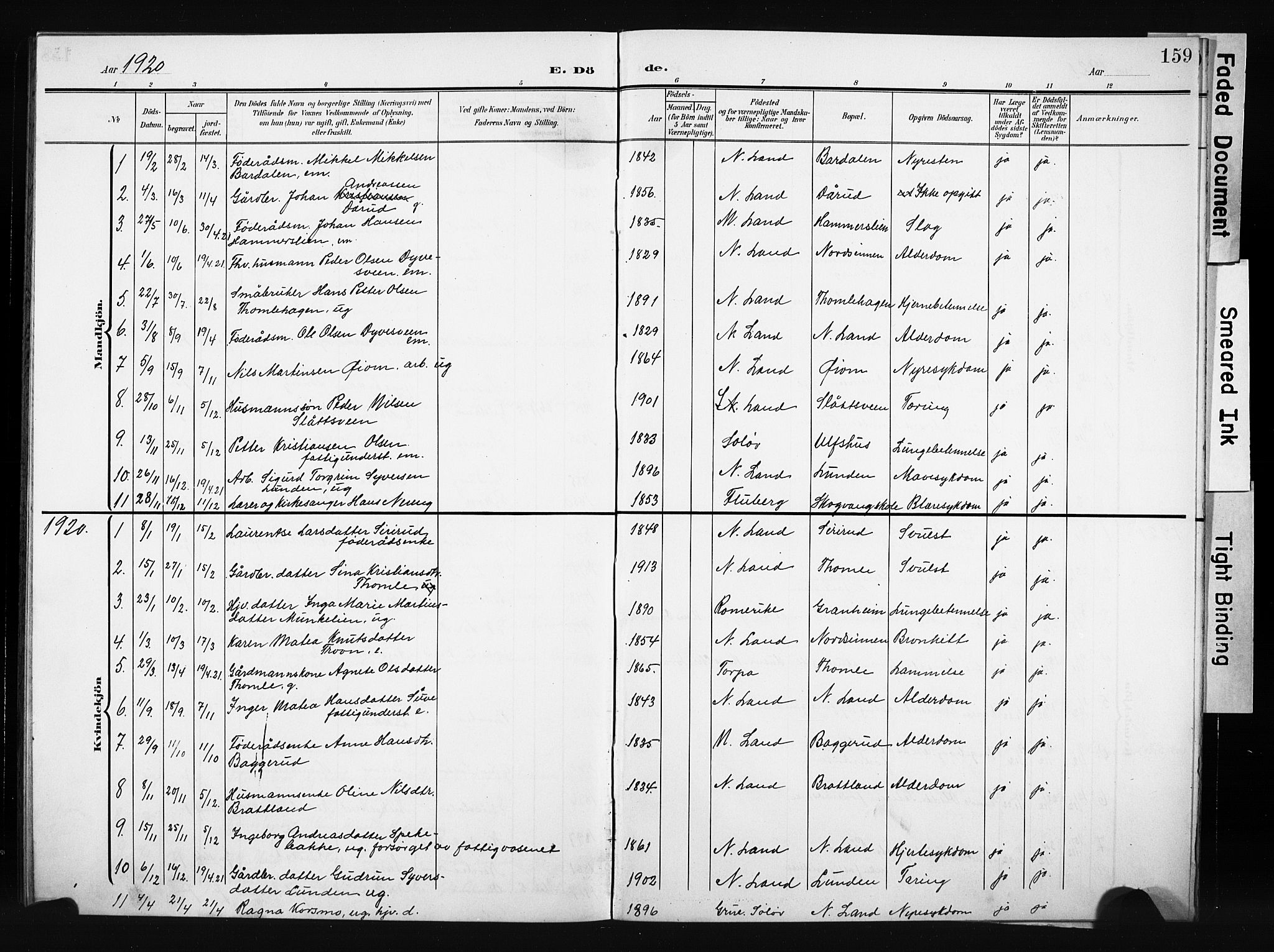 Nordre Land prestekontor, SAH/PREST-124/H/Ha/Hab/L0006: Parish register (copy) no. 6, 1905-1929, p. 159