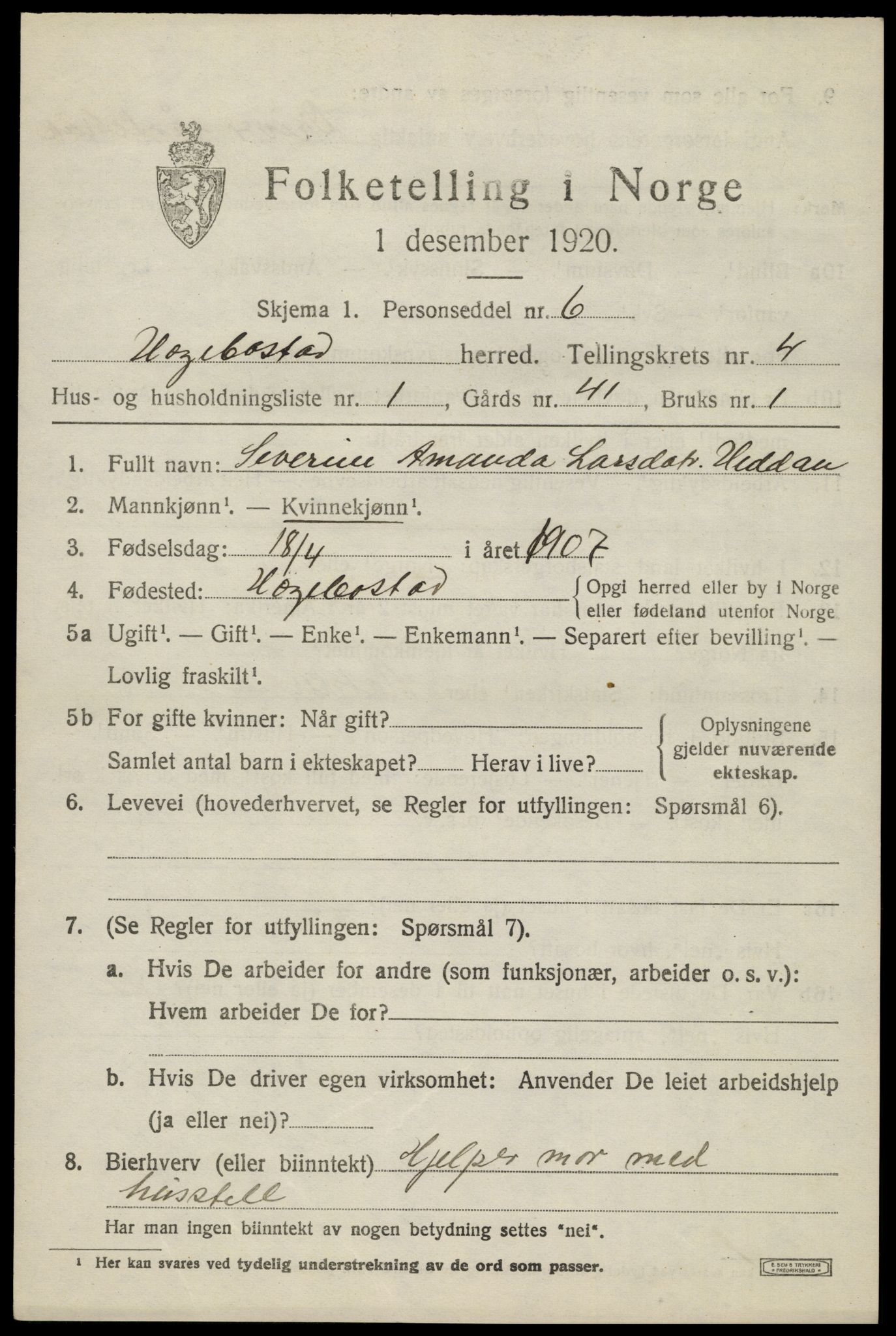 SAK, 1920 census for Hægebostad, 1920, p. 1565