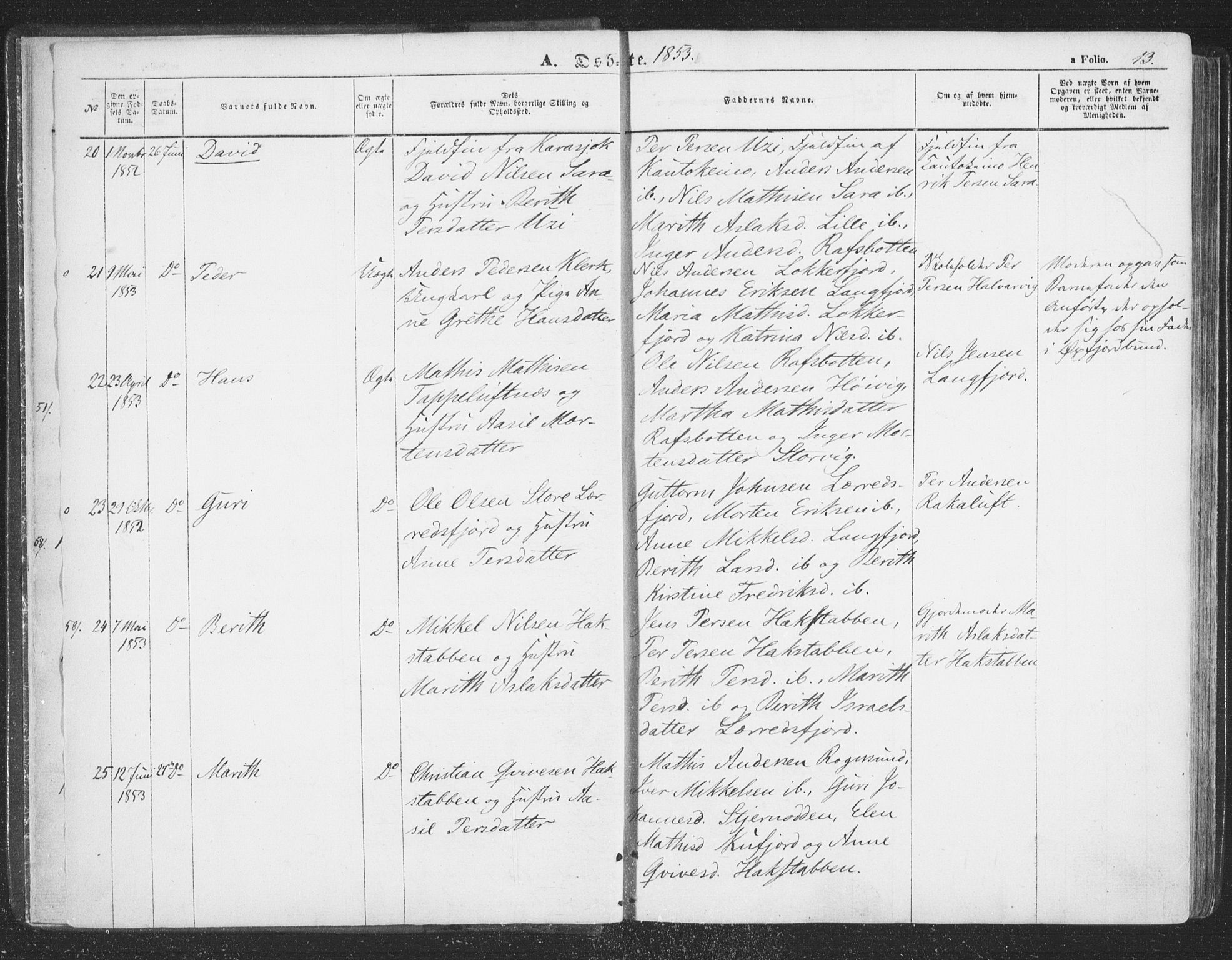 Talvik sokneprestkontor, AV/SATØ-S-1337/H/Ha/L0010kirke: Parish register (official) no. 10, 1852-1864, p. 13