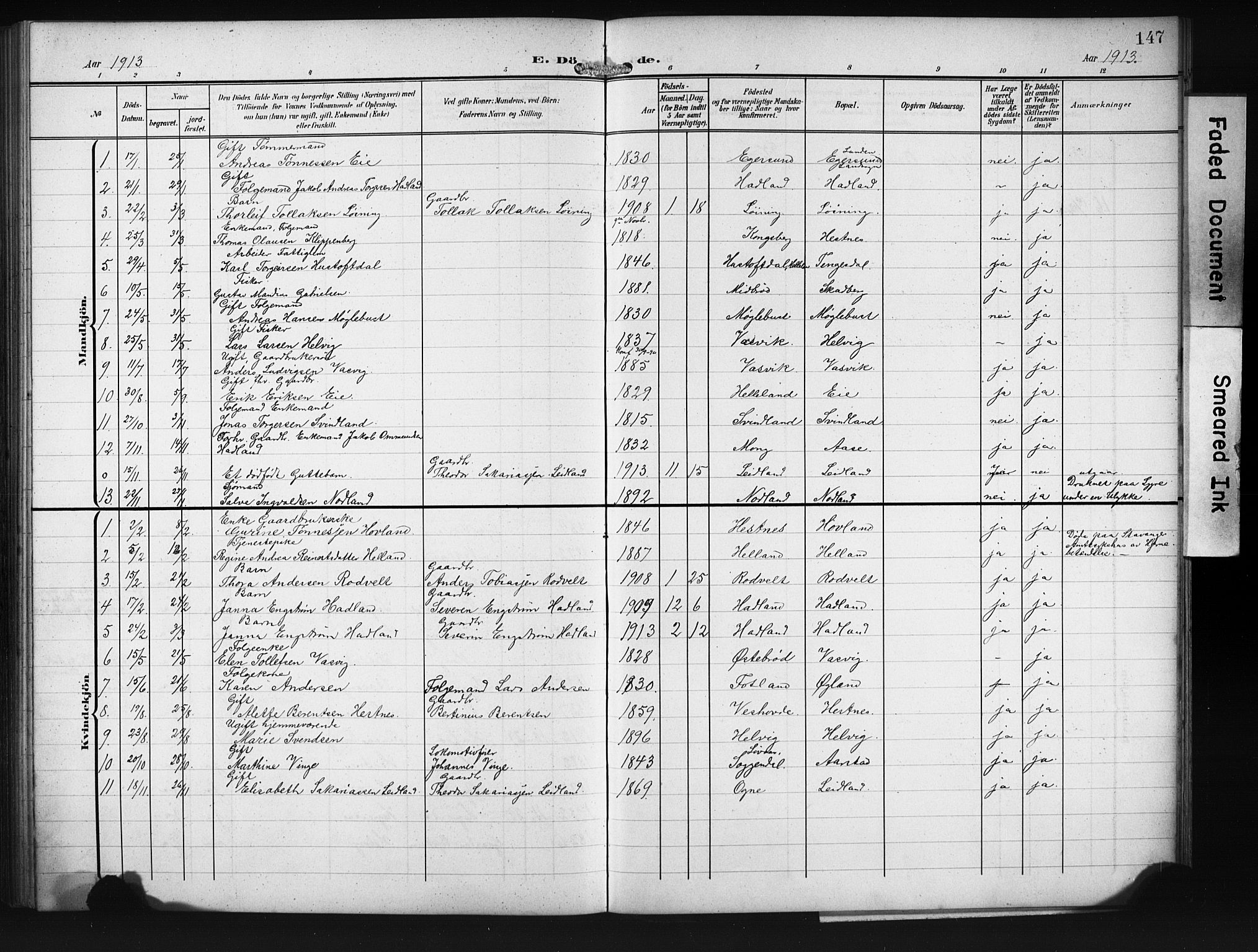 Eigersund sokneprestkontor, SAST/A-101807/S09/L0011: Parish register (copy) no. B 11, 1908-1930, p. 147