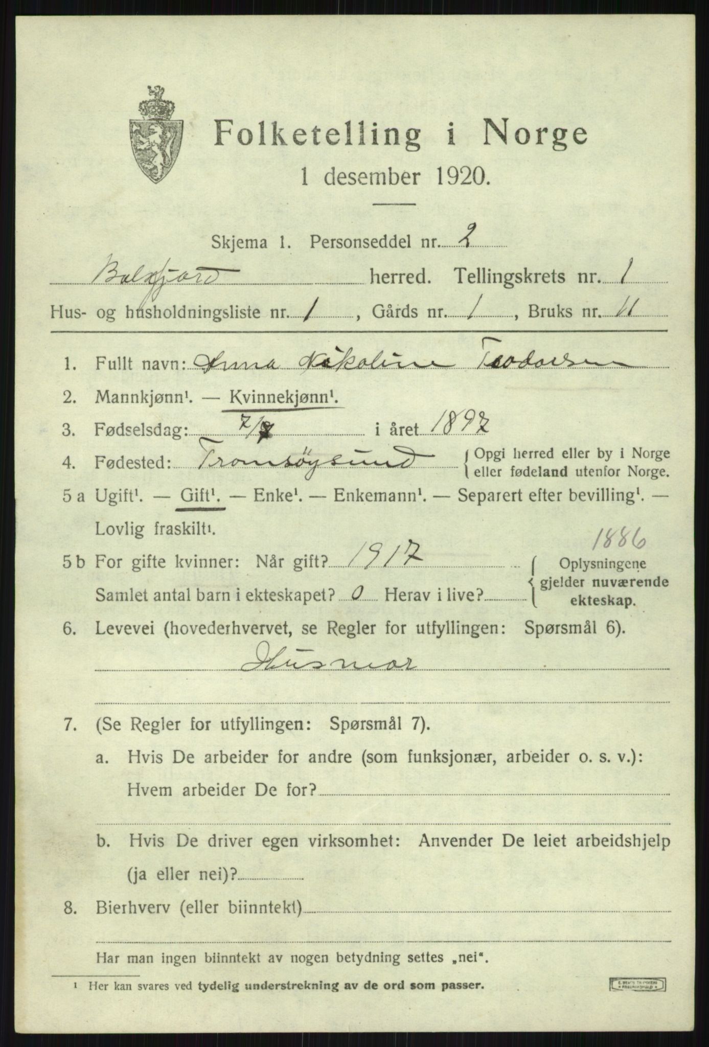 SATØ, 1920 census for Balsfjord, 1920, p. 1200