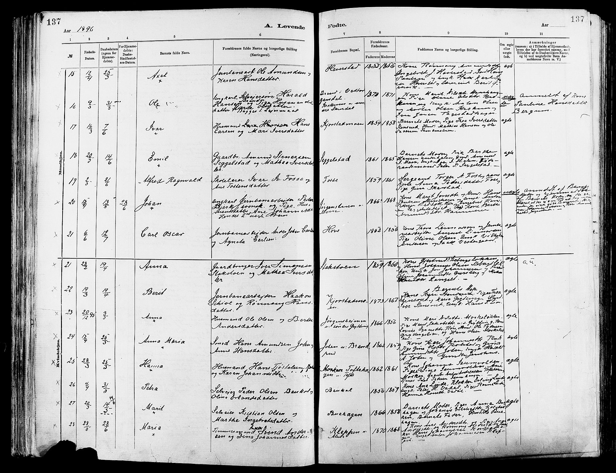 Sør-Fron prestekontor, AV/SAH-PREST-010/H/Ha/Haa/L0003: Parish register (official) no. 3, 1881-1897, p. 137