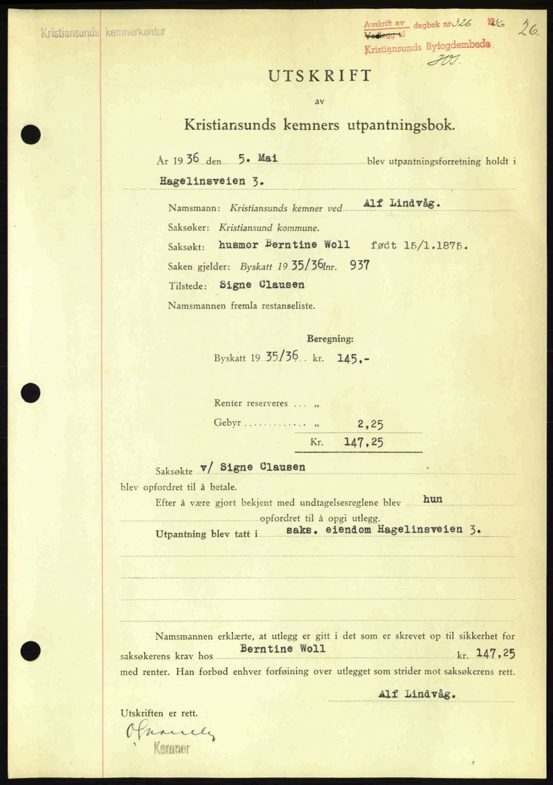 Kristiansund byfogd, AV/SAT-A-4587/A/27: Mortgage book no. 29, 1936-1937, Diary no: : 326/1936
