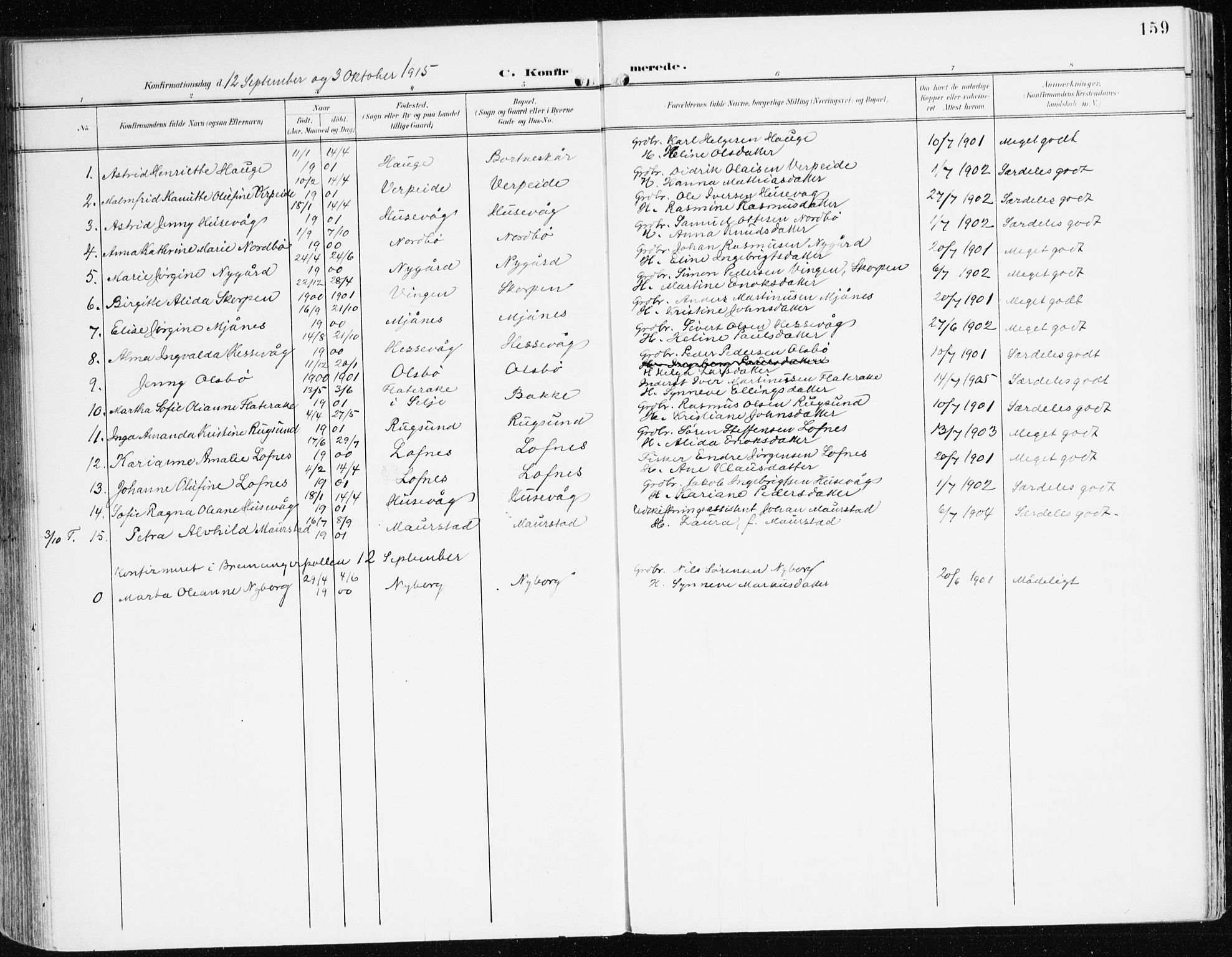 Davik sokneprestembete, AV/SAB-A-79701/H/Haa/Haad/L0002: Parish register (official) no. D 2, 1901-1930, p. 159