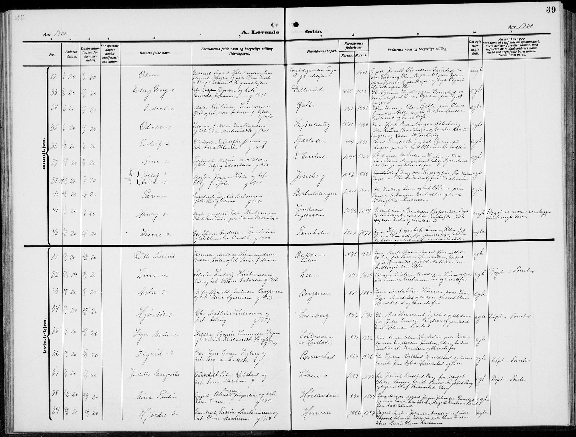 Romedal prestekontor, AV/SAH-PREST-004/L/L0014: Parish register (copy) no. 14, 1915-1939, p. 39