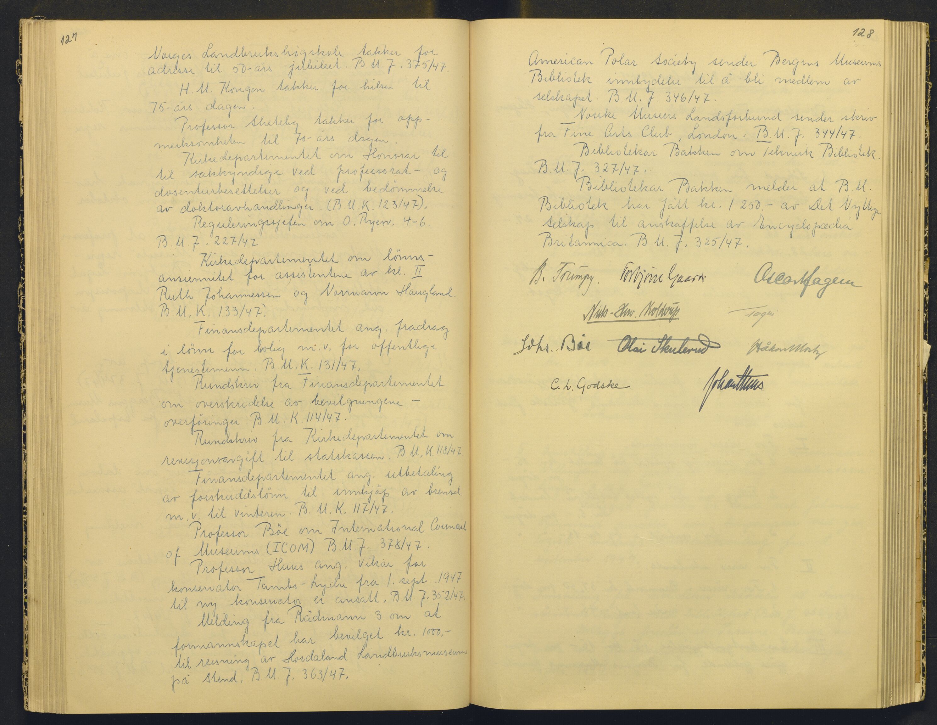 Bergens Museum, AV/SAB-A-17301/18/A/L0004: Professorkollegiets møtebok med register , 1945-1949, p. 127-128