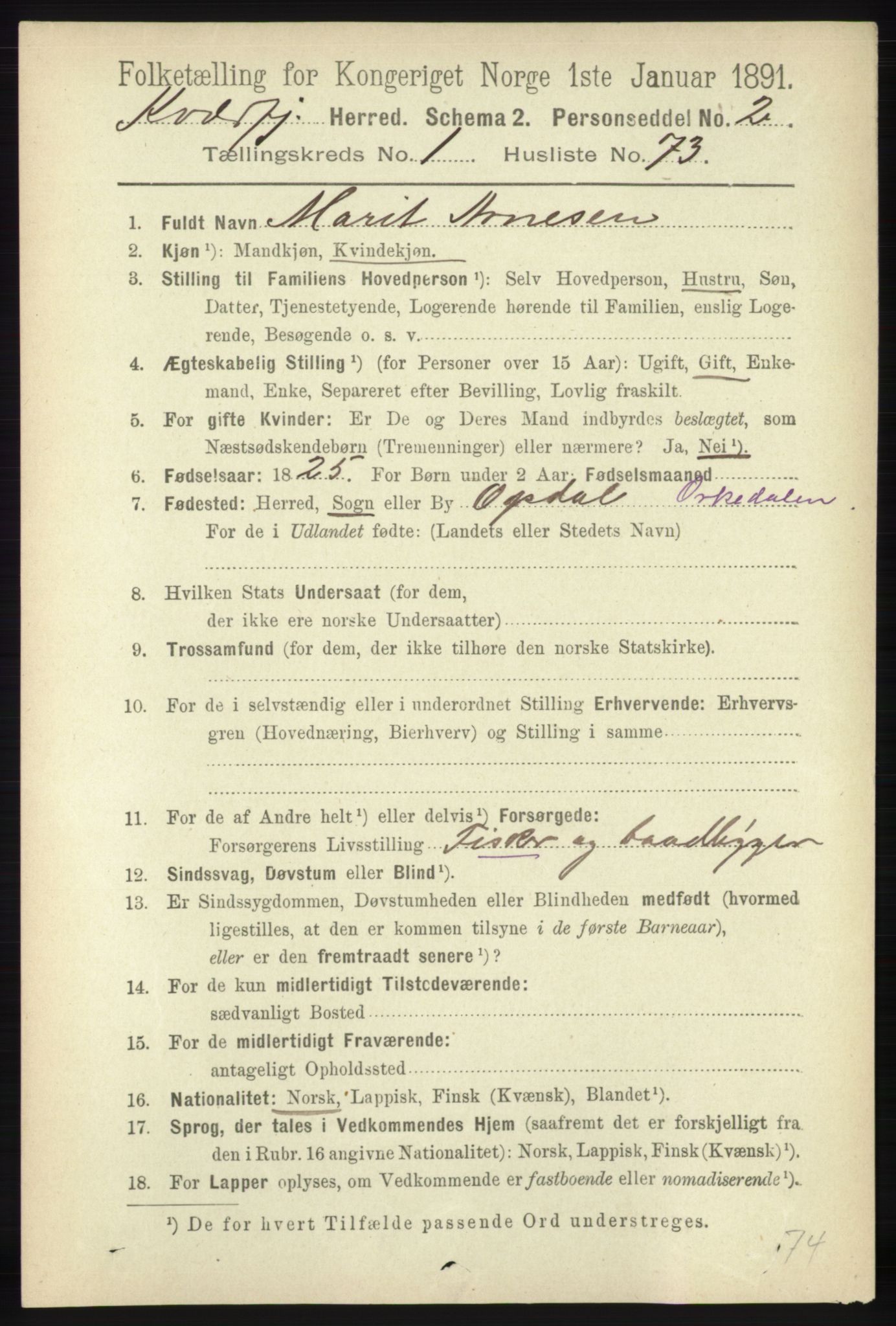 RA, 1891 census for 1911 Kvæfjord, 1891, p. 621