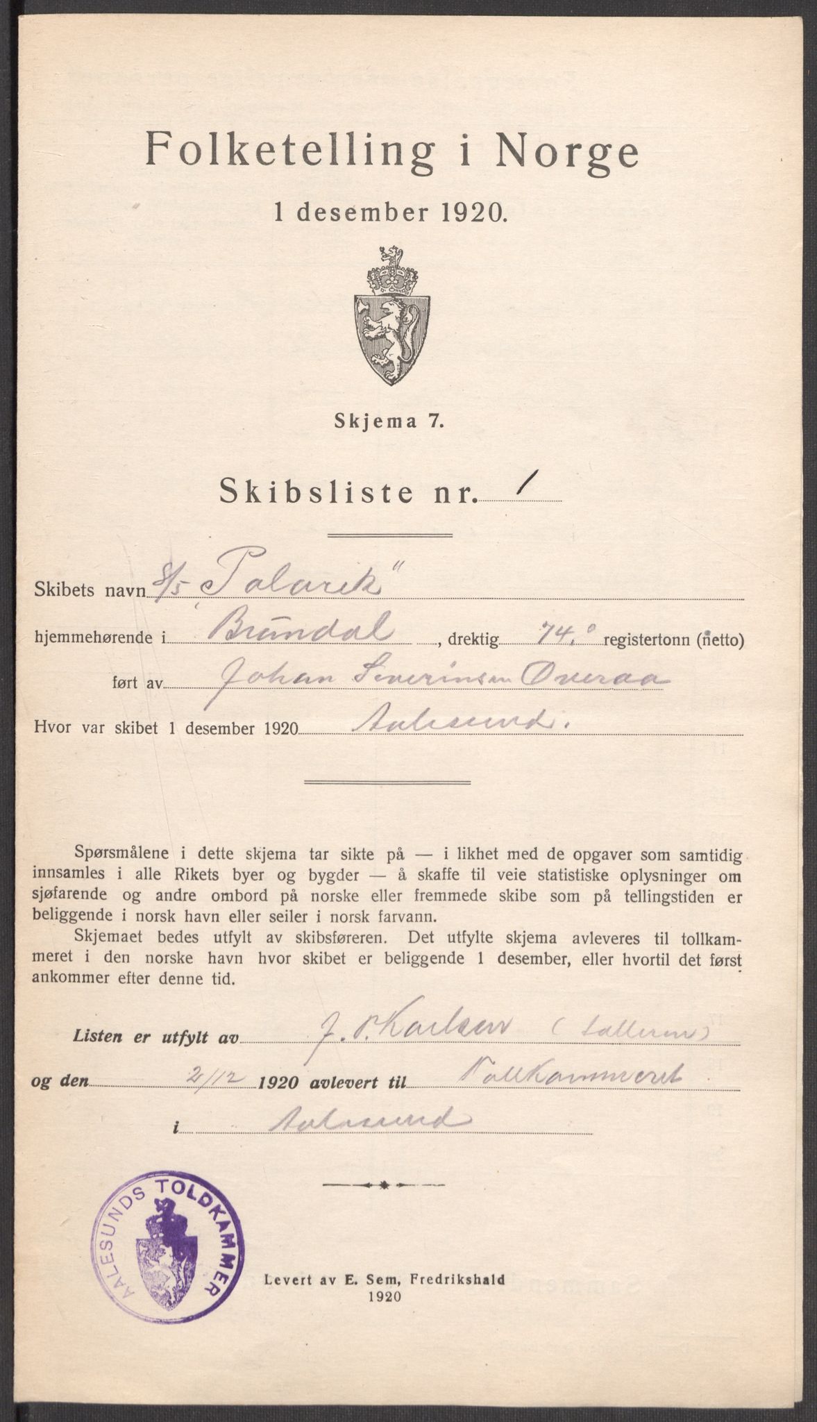 SAT, 1920 census for Ålesund, 1920, p. 43395