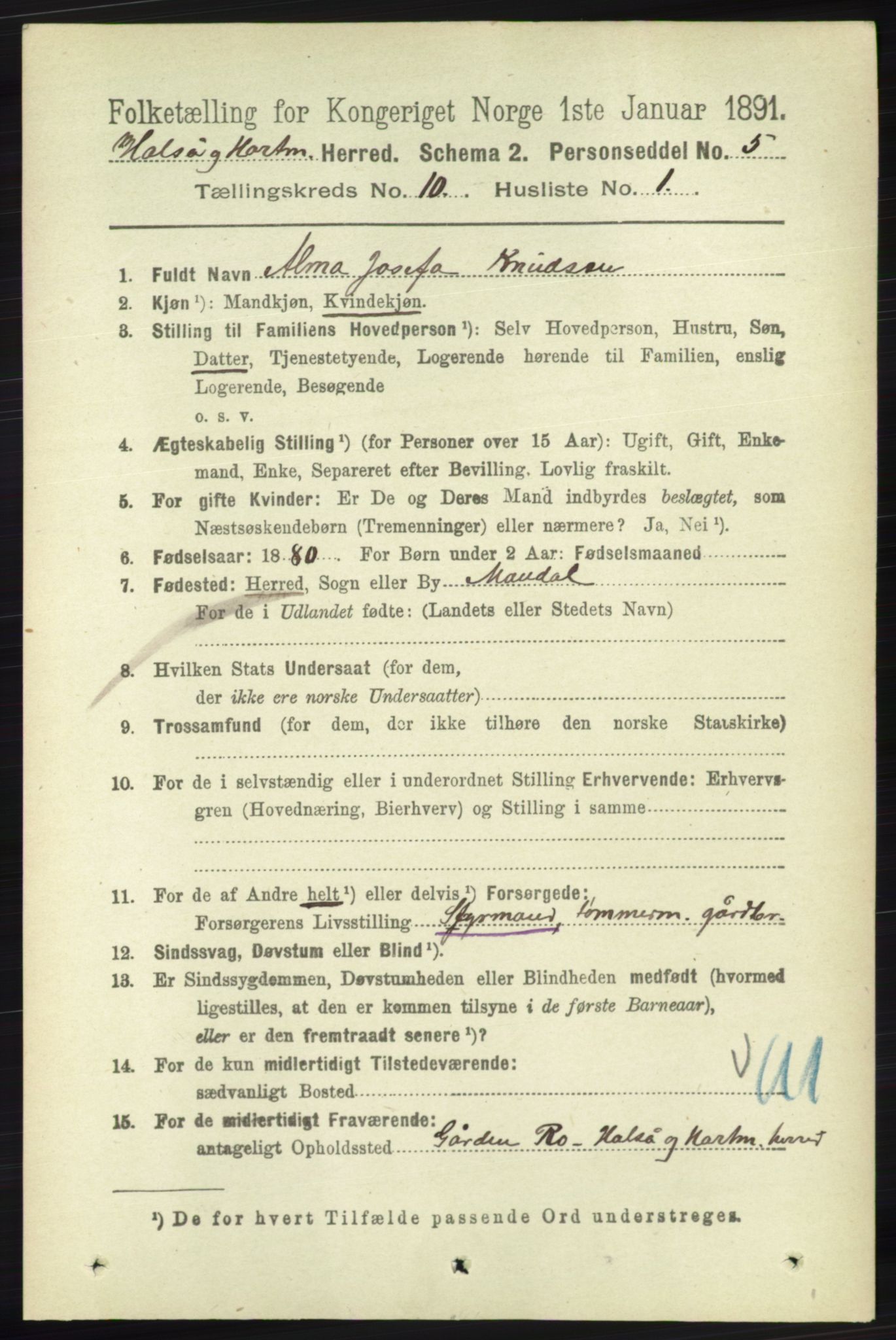 RA, 1891 census for 1019 Halse og Harkmark, 1891, p. 3770