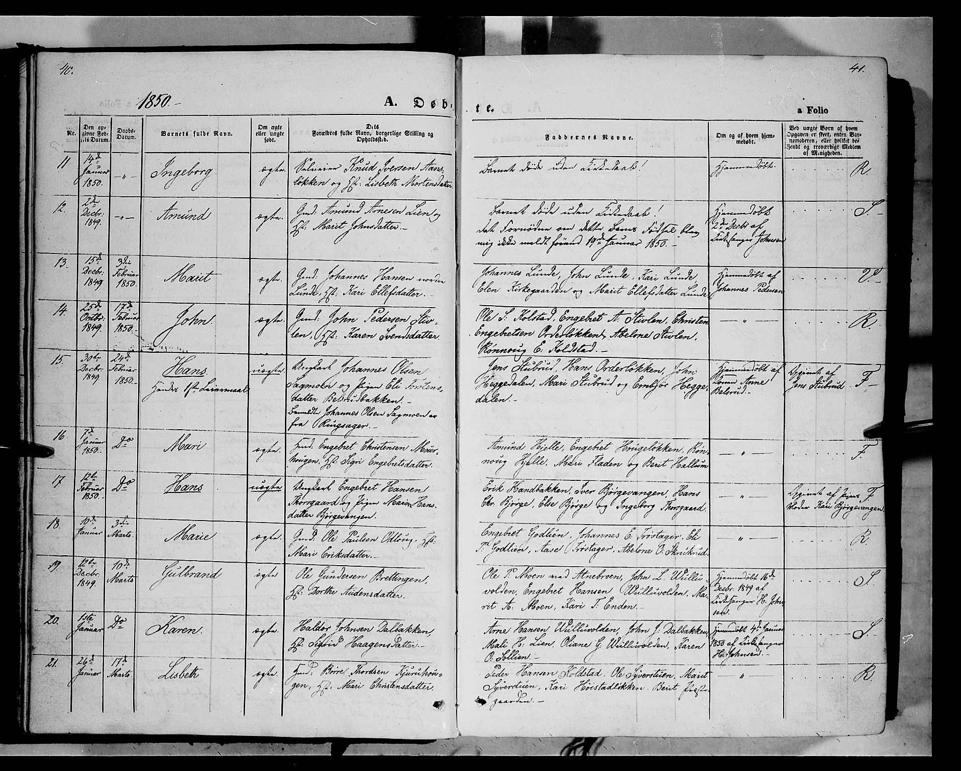 Ringebu prestekontor, SAH/PREST-082/H/Ha/Haa/L0006: Parish register (official) no. 6, 1848-1859, p. 40-41