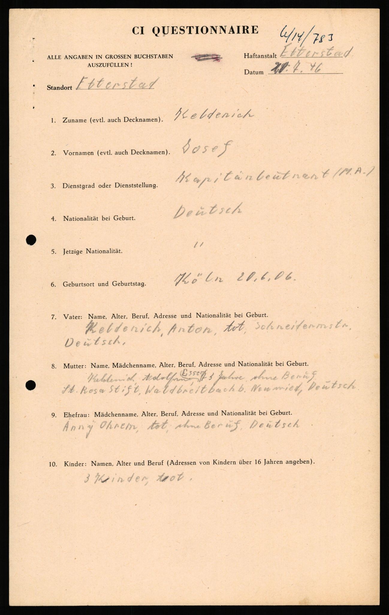 Forsvaret, Forsvarets overkommando II, AV/RA-RAFA-3915/D/Db/L0016: CI Questionaires. Tyske okkupasjonsstyrker i Norge. Tyskere., 1945-1946, p. 17