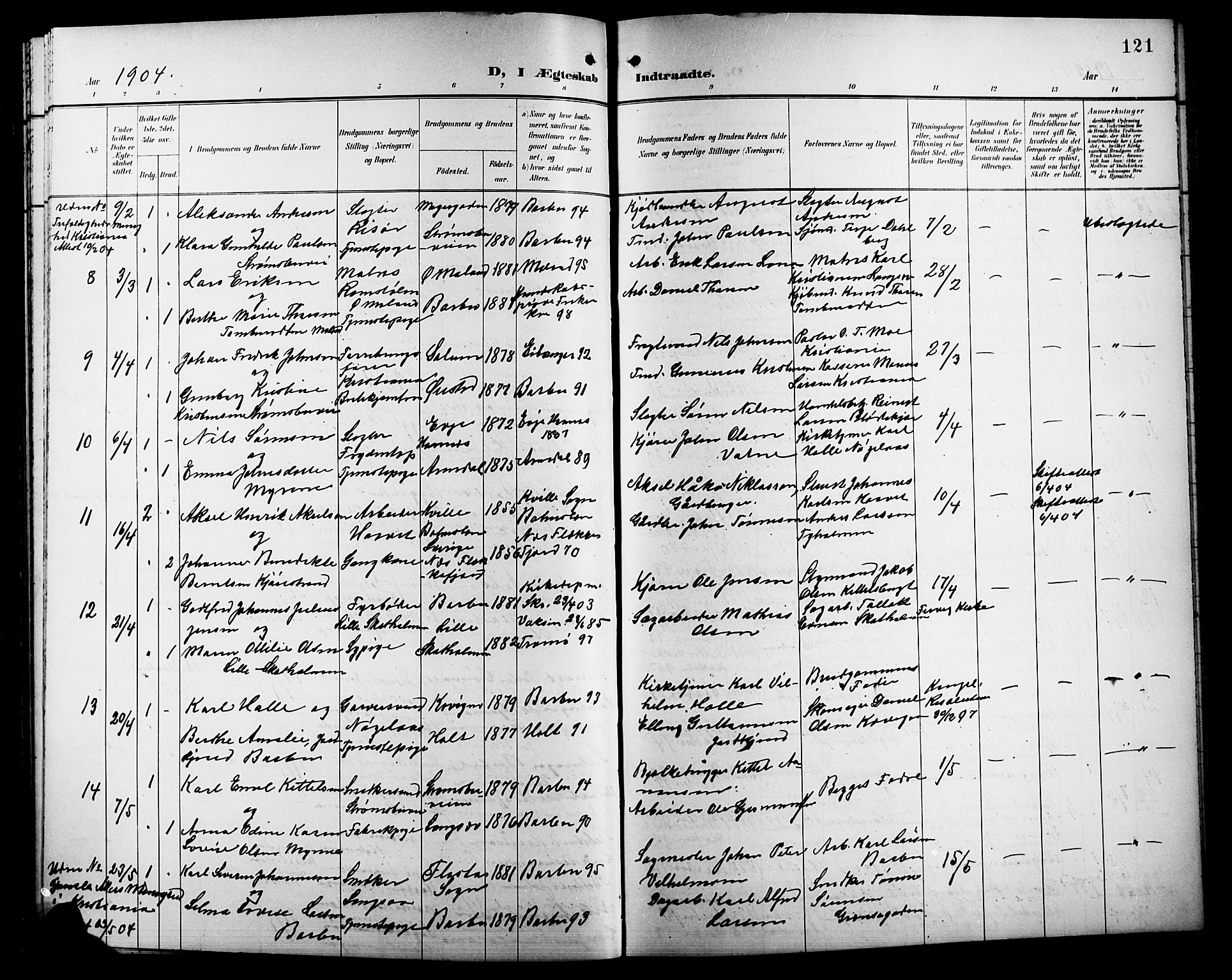 Barbu sokneprestkontor, AV/SAK-1111-0003/F/Fb/L0003: Parish register (copy) no. B 3, 1897-1911, p. 121