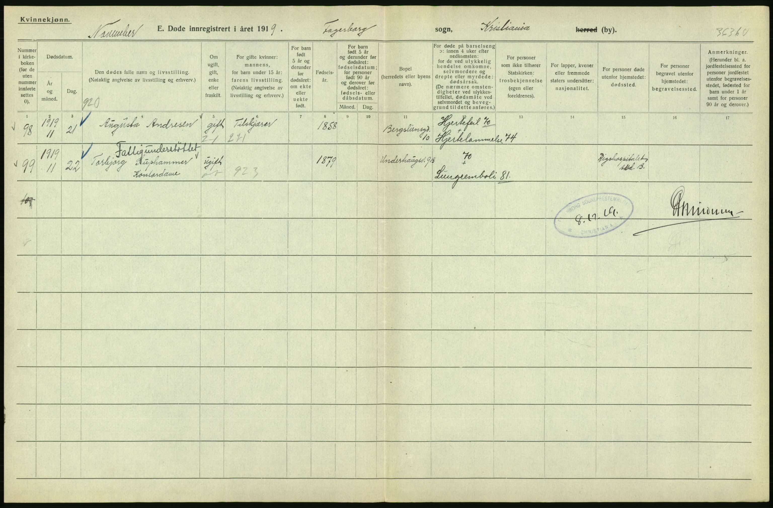 Statistisk sentralbyrå, Sosiodemografiske emner, Befolkning, AV/RA-S-2228/D/Df/Dfb/Dfbi/L0011: Kristiania: Døde, dødfødte, 1919