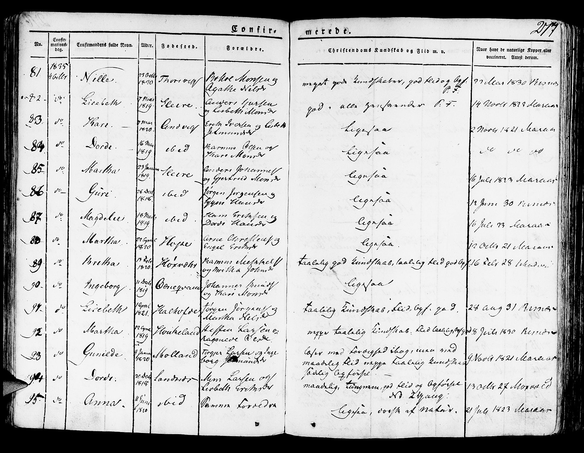 Lindås Sokneprestembete, SAB/A-76701/H/Haa: Parish register (official) no. A 8, 1823-1836, p. 277