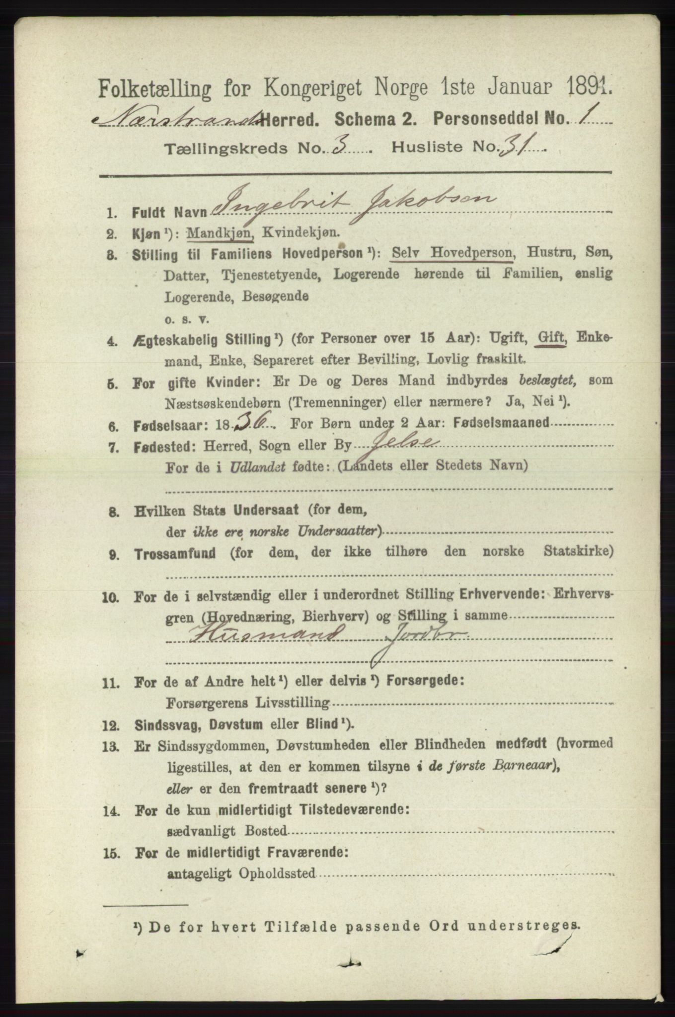 RA, 1891 census for 1139 Nedstrand, 1891, p. 617