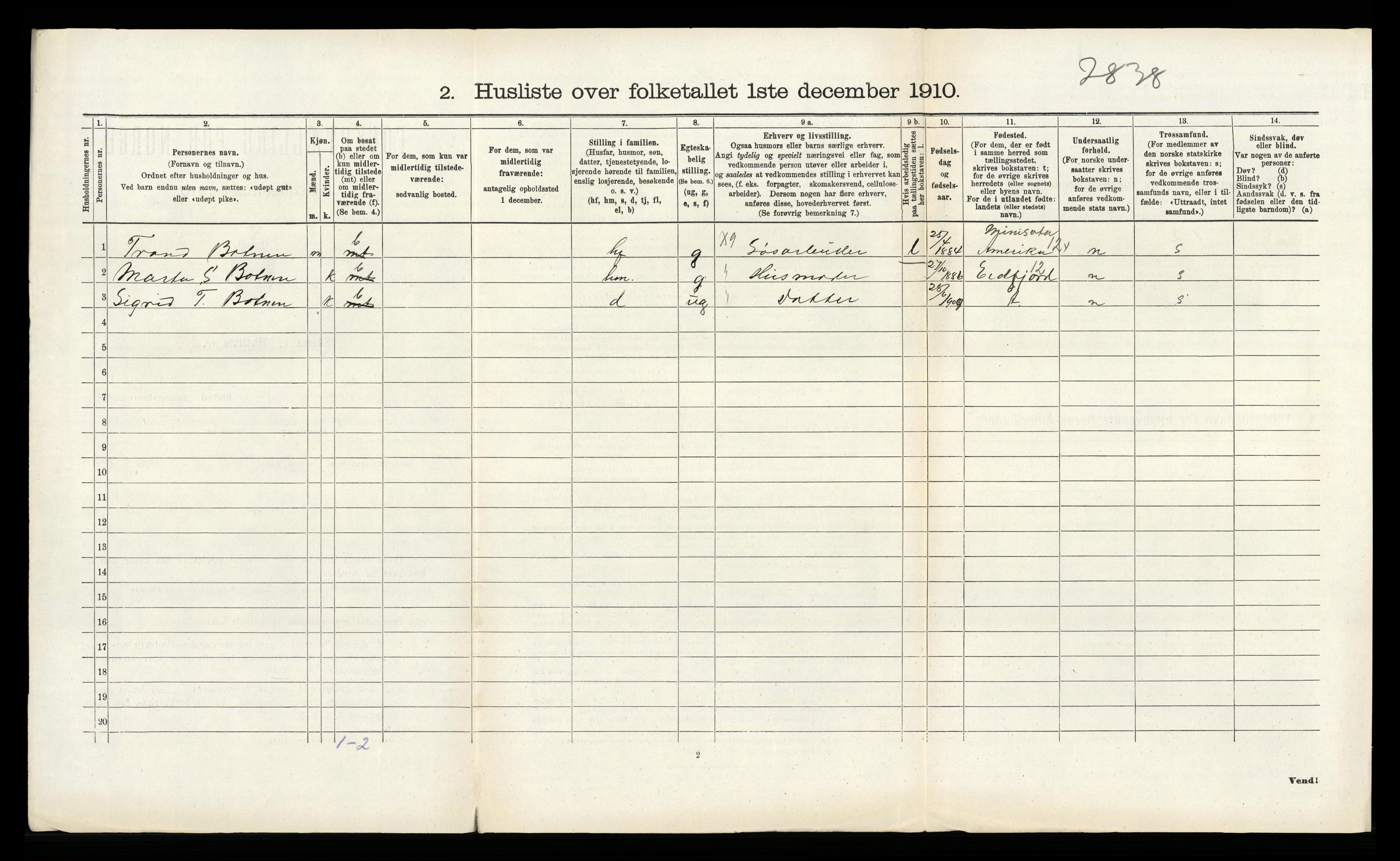 RA, 1910 census for Kvam, 1910, p. 1074