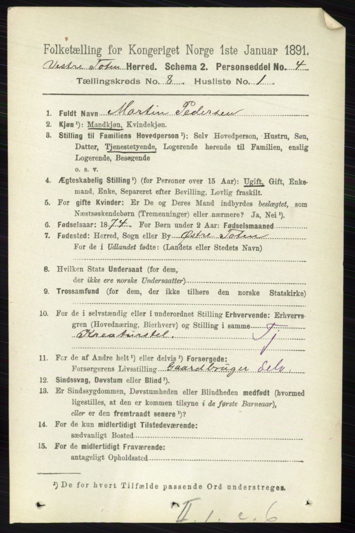 RA, 1891 census for 0529 Vestre Toten, 1891, p. 5005