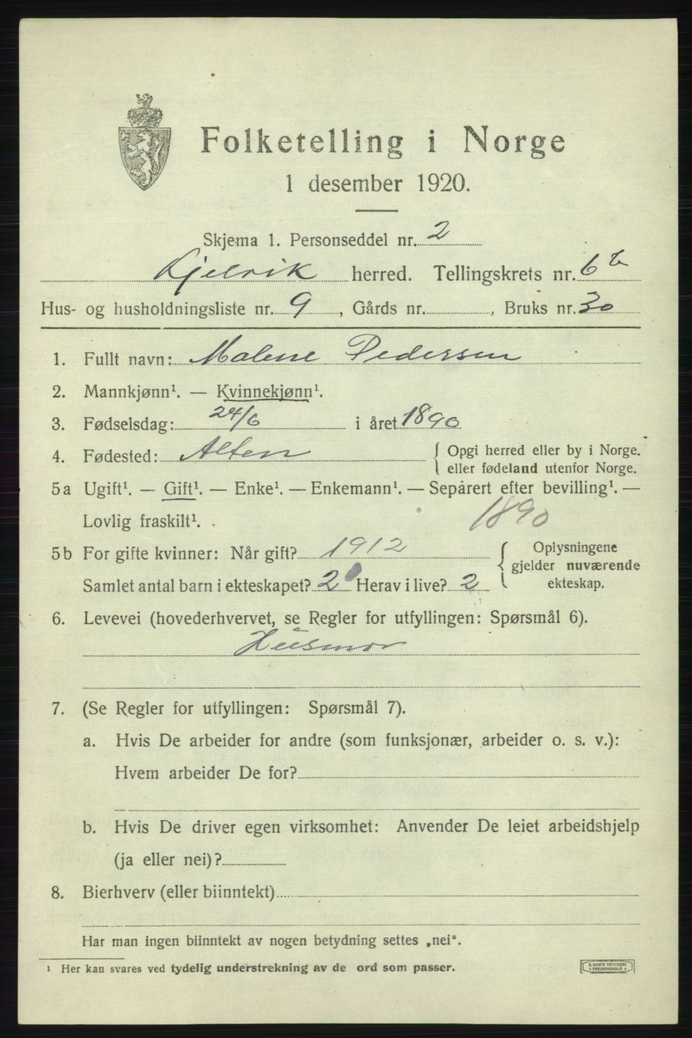 SATØ, 1920 census for Kjelvik, 1920, p. 3703