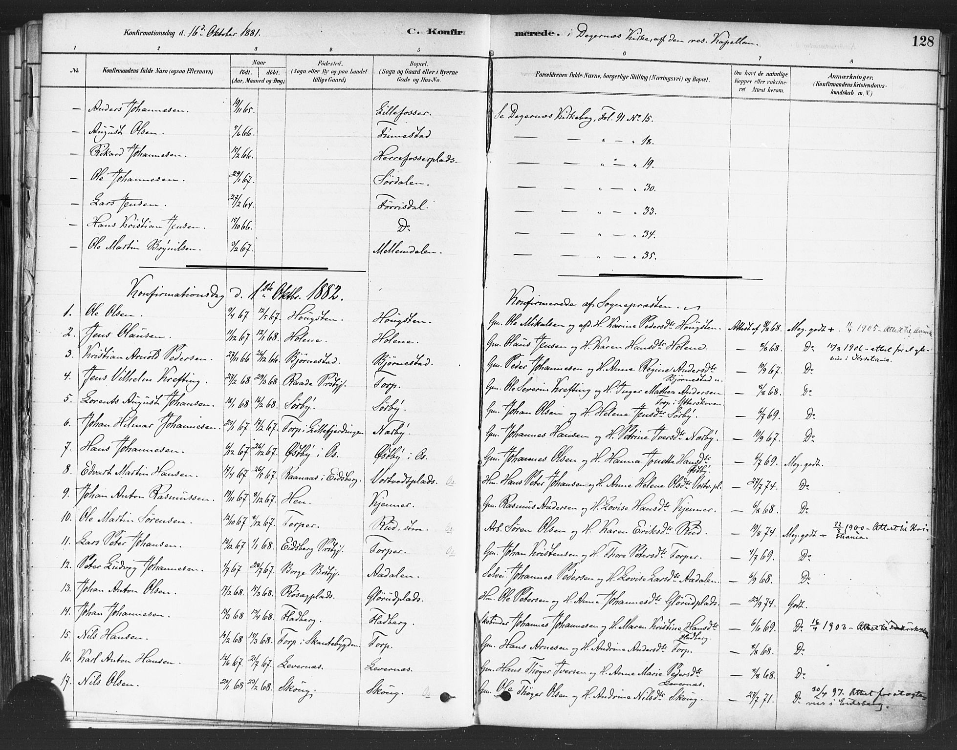 Rakkestad prestekontor Kirkebøker, AV/SAO-A-2008/F/Fa/L0012: Parish register (official) no. I 12, 1878-1893, p. 128