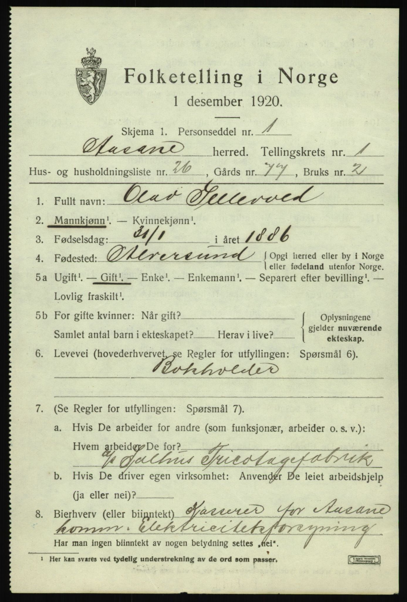 SAB, 1920 census for Åsane, 1920, p. 1209