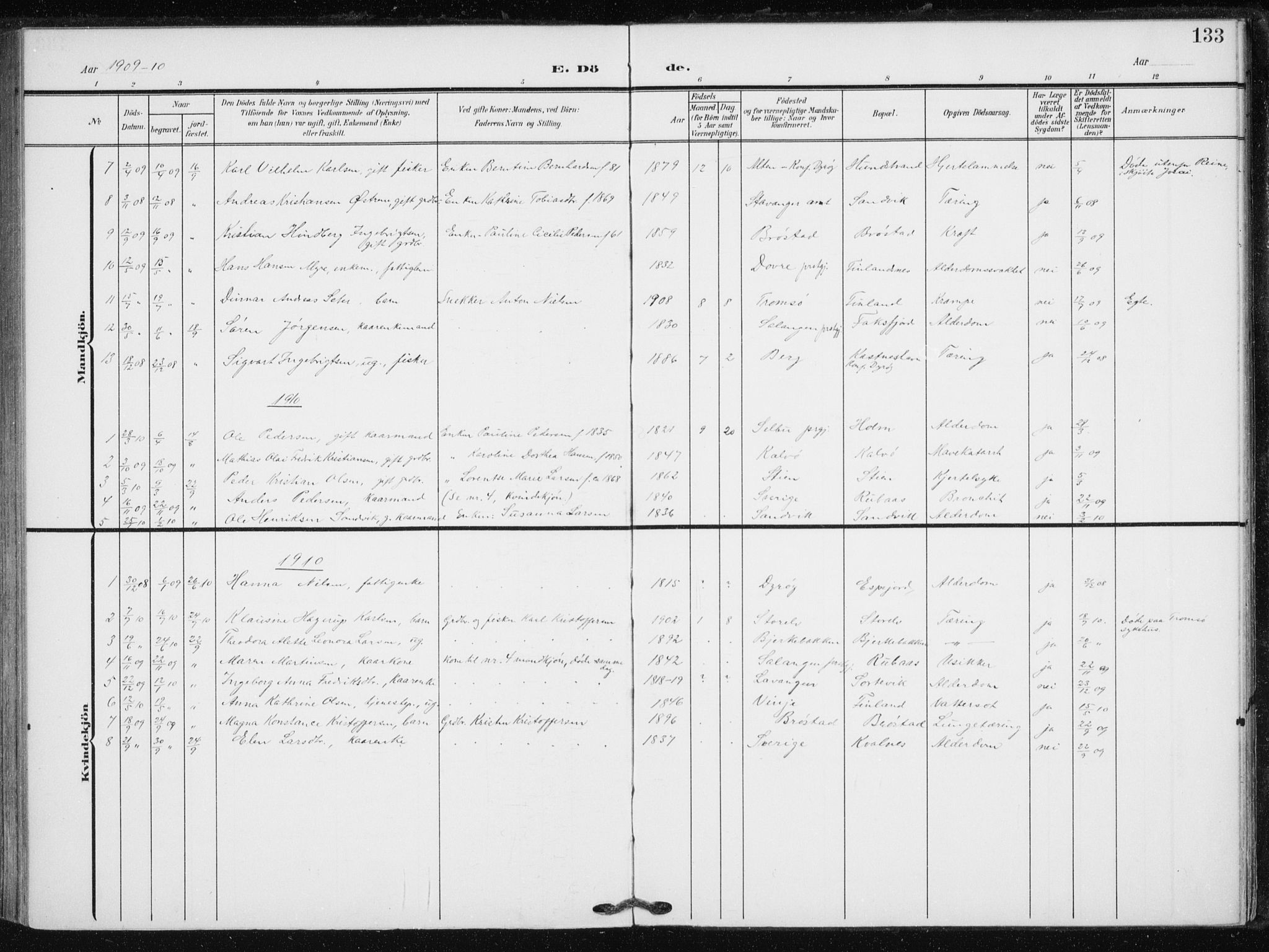 Tranøy sokneprestkontor, AV/SATØ-S-1313/I/Ia/Iaa/L0013kirke: Parish register (official) no. 13, 1905-1922, p. 133