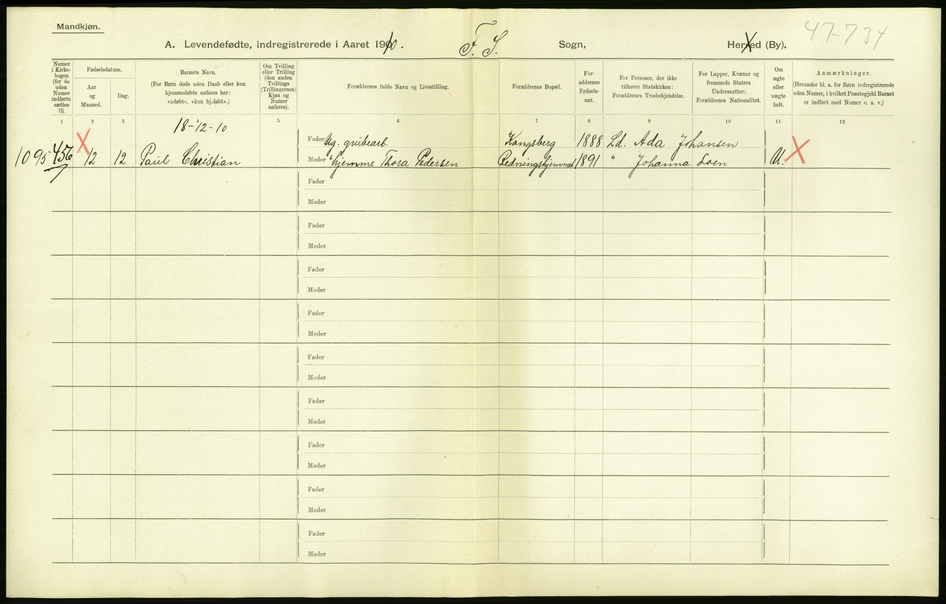 Statistisk sentralbyrå, Sosiodemografiske emner, Befolkning, AV/RA-S-2228/D/Df/Dfa/Dfah/L0006: Kristiania: Levendefødte menn., 1910, p. 32