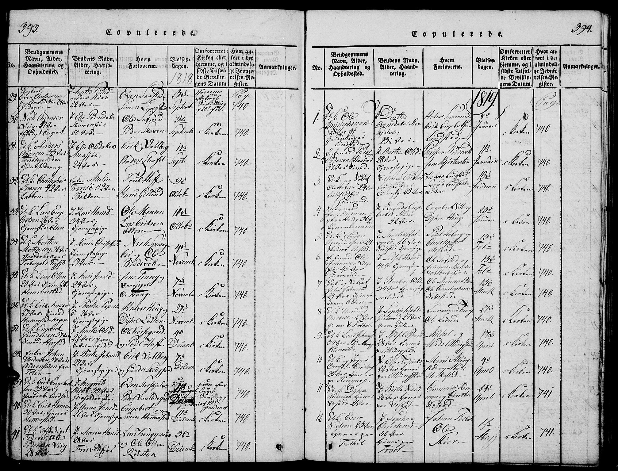 Stange prestekontor, SAH/PREST-002/K/L0008: Parish register (official) no. 8, 1814-1825, p. 393-394