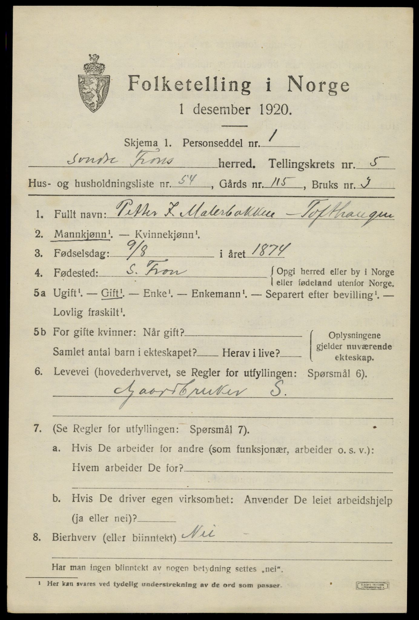 SAH, 1920 census for Sør-Fron, 1920, p. 6021